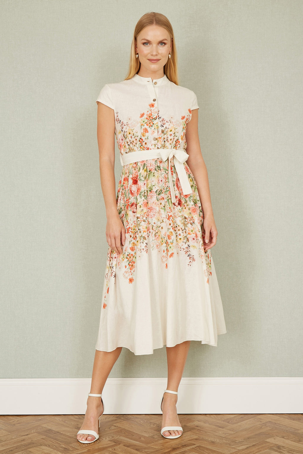 Yumi White Linen Floral Mirrored Placement Skater Dress