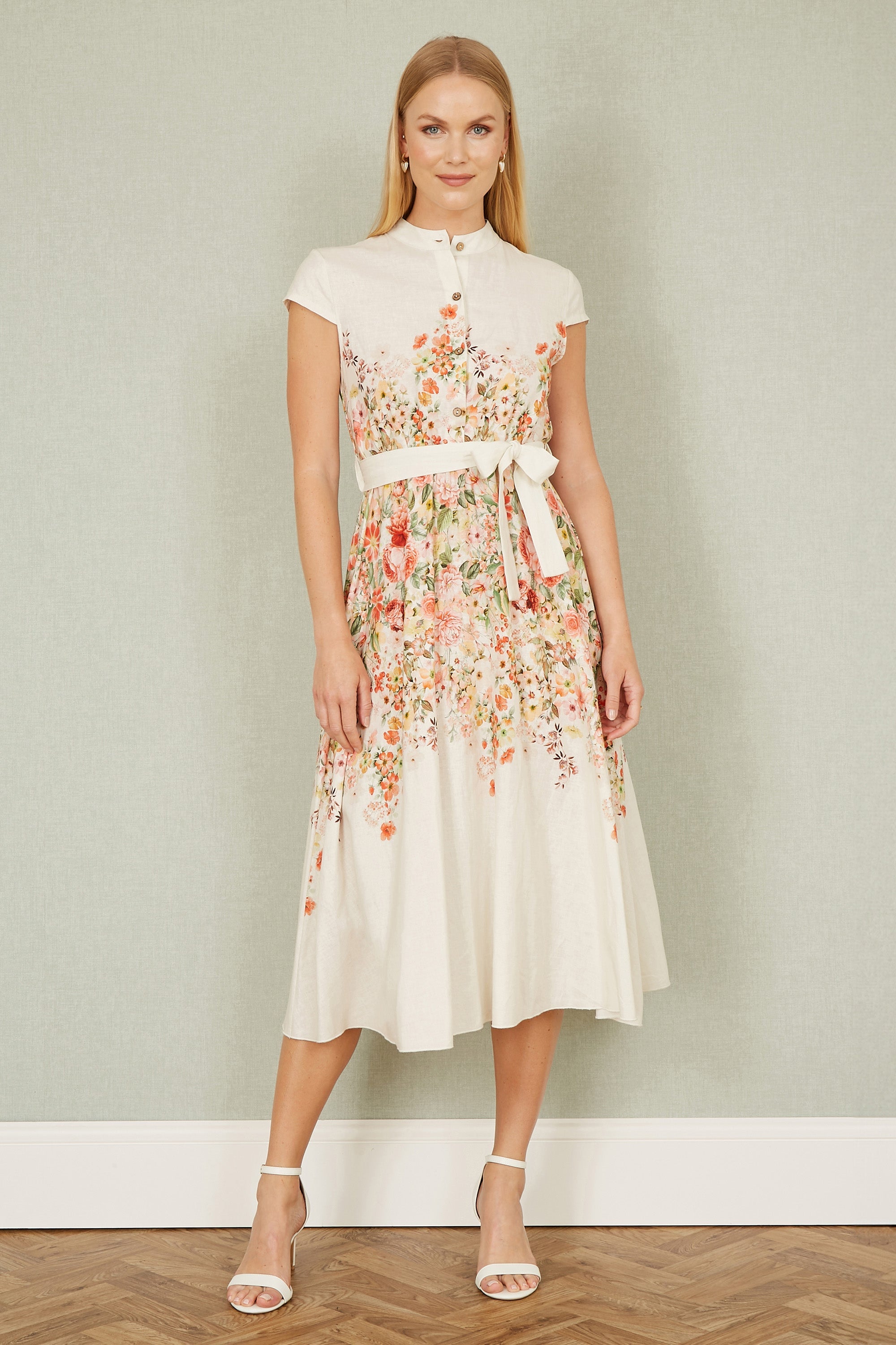 Yumi White Linen Floral Mirrored Placement Skater Dress