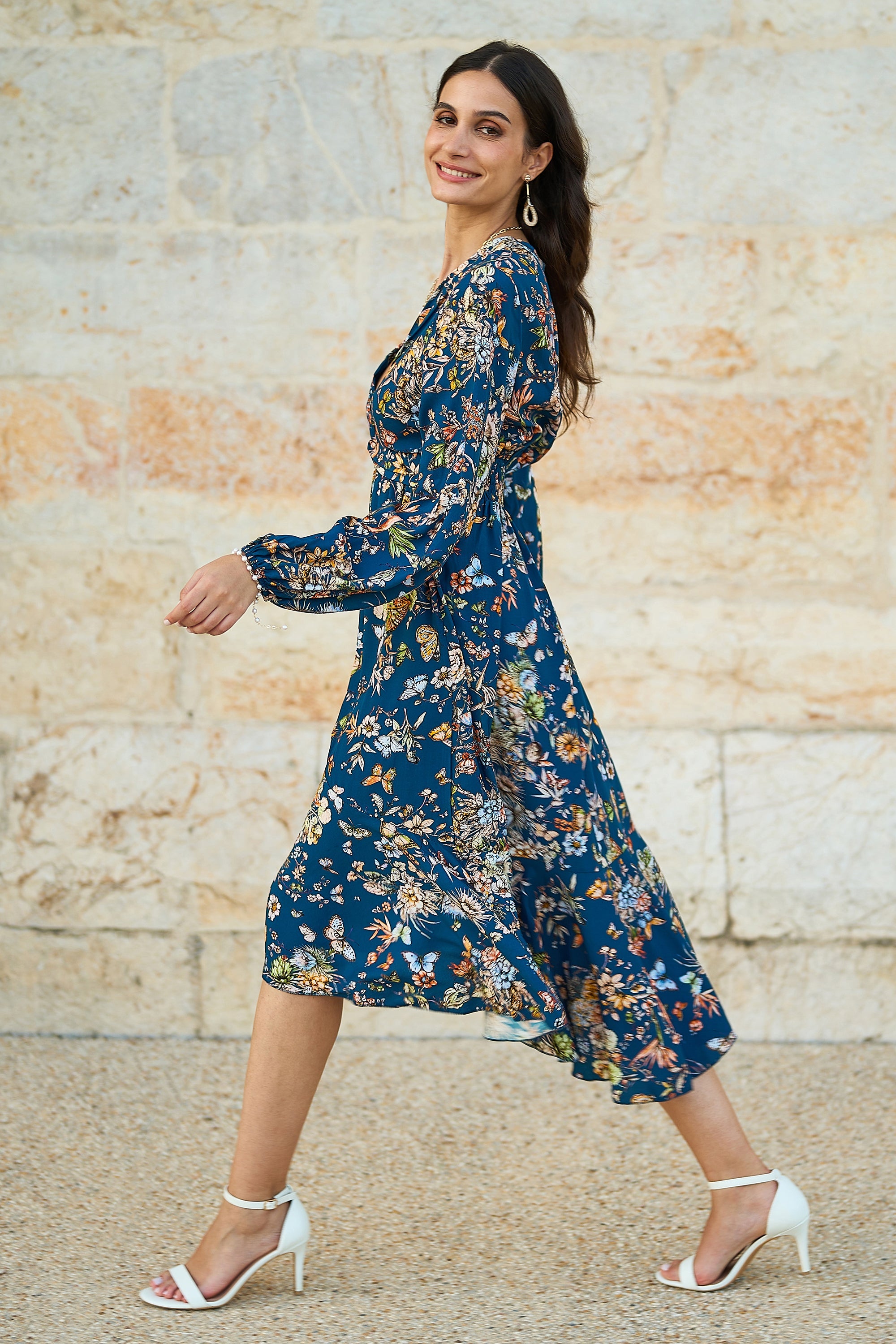 Yumi Blue Butterly Floral Tie Knot Front Long Sleeve Midi Dress