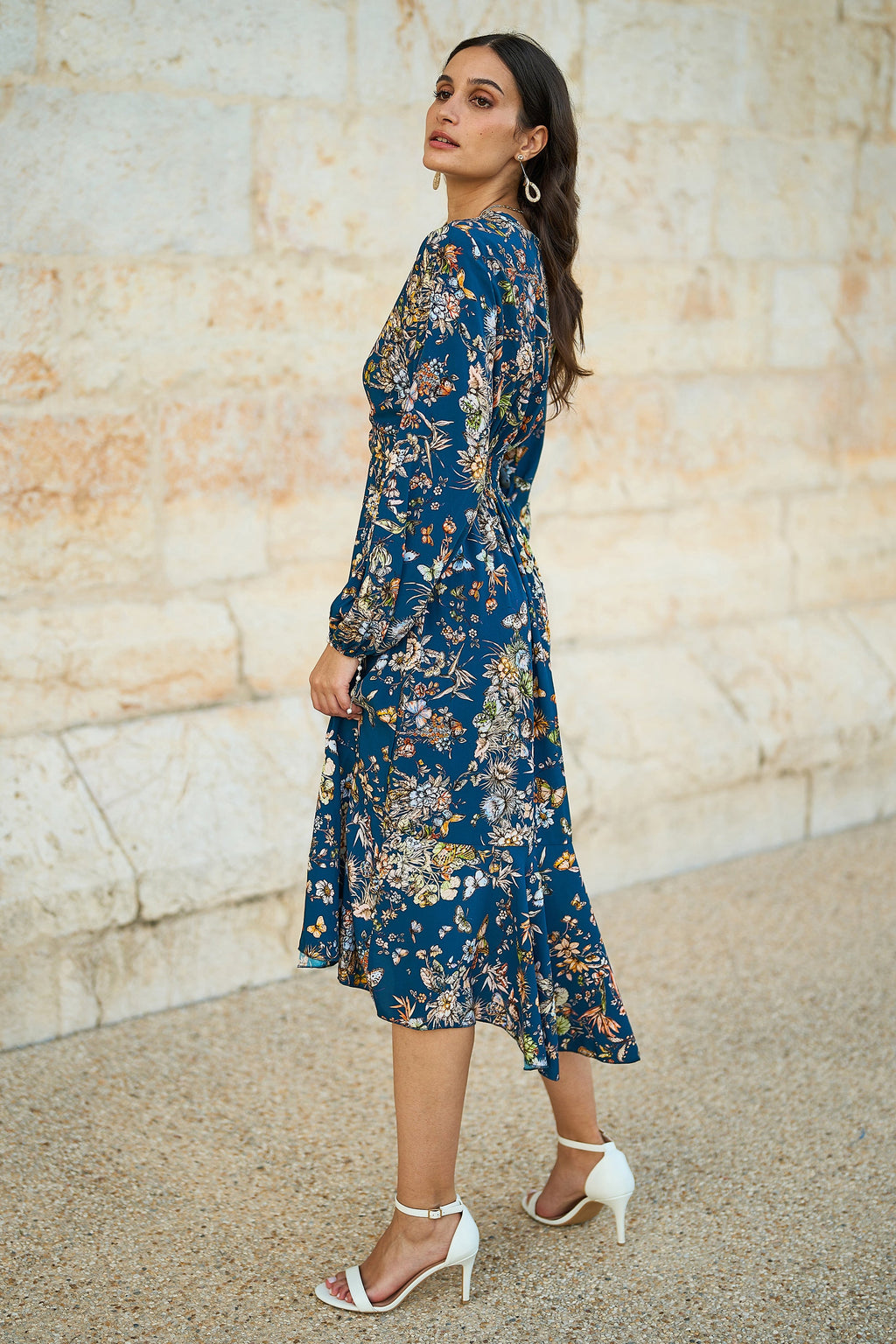 Yumi Blue Butterly Floral Tie Knot Front Long Sleeve Midi Dress