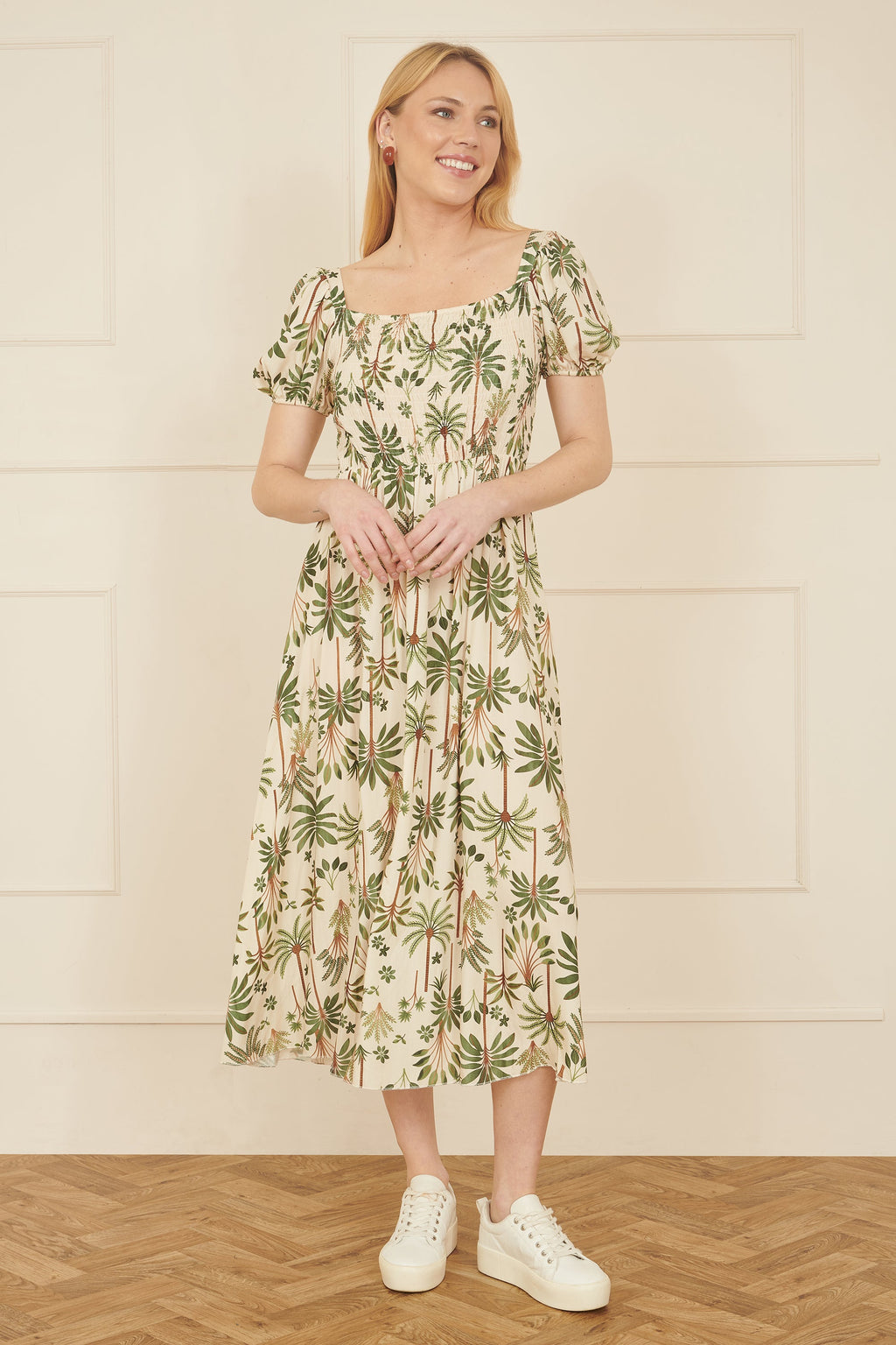 Yumi White Cotton Palm Print Ruched Midi Dress