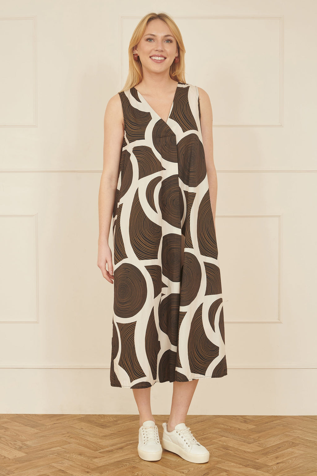 Yumi Brown Cotton Abstract Circle Trapeze Relaxed Midi Dress