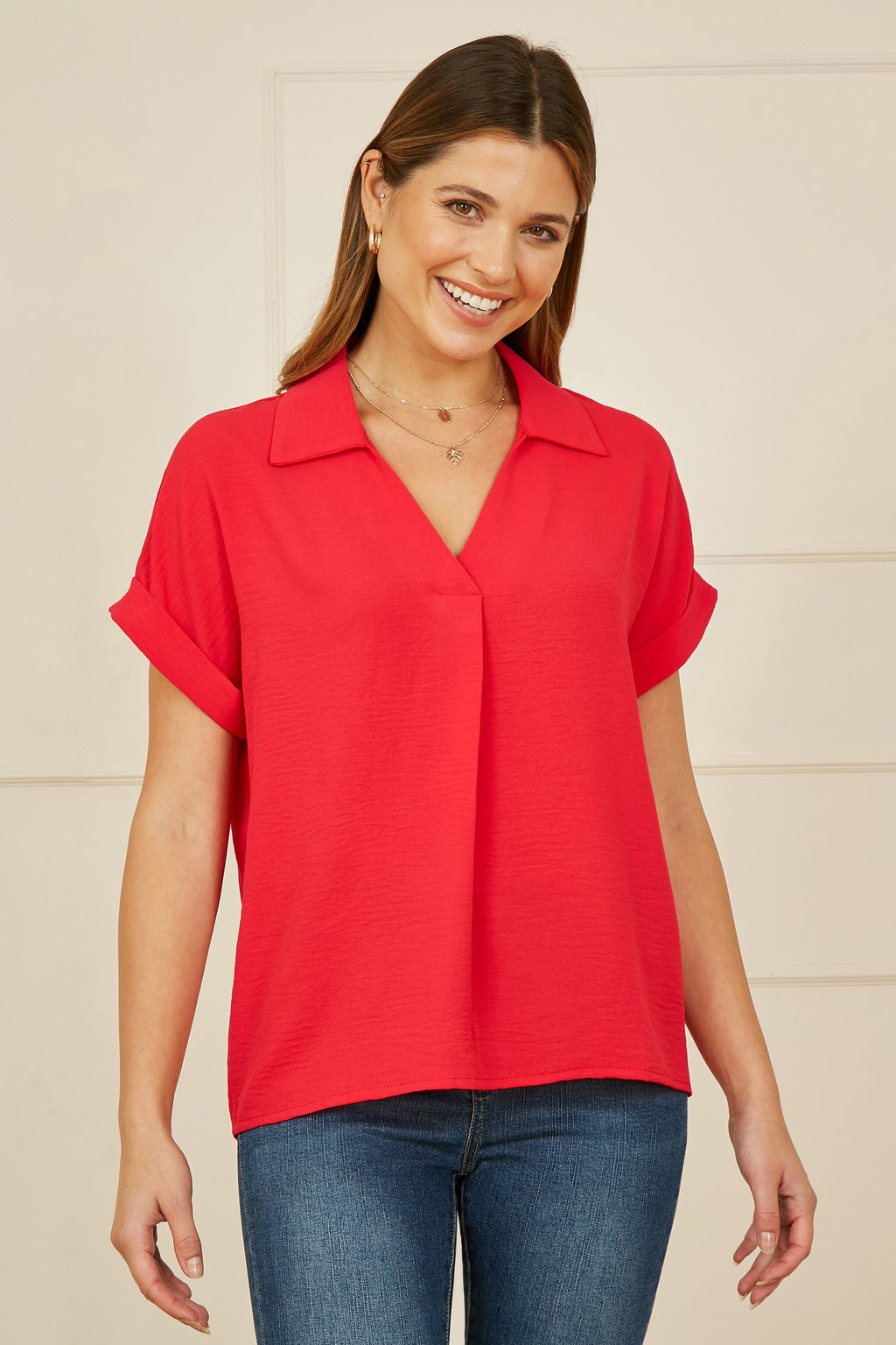 Yumi Red Stretch Relaxed Top With Collar