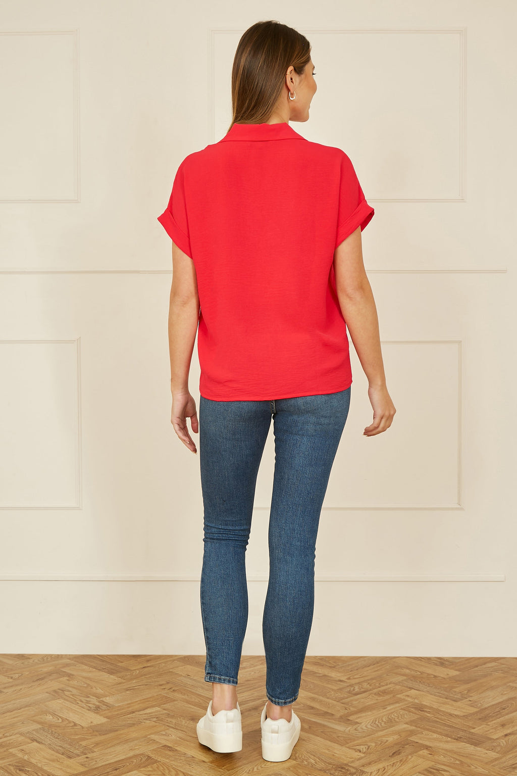 Yumi Red Stretch Relaxed Top With Collar