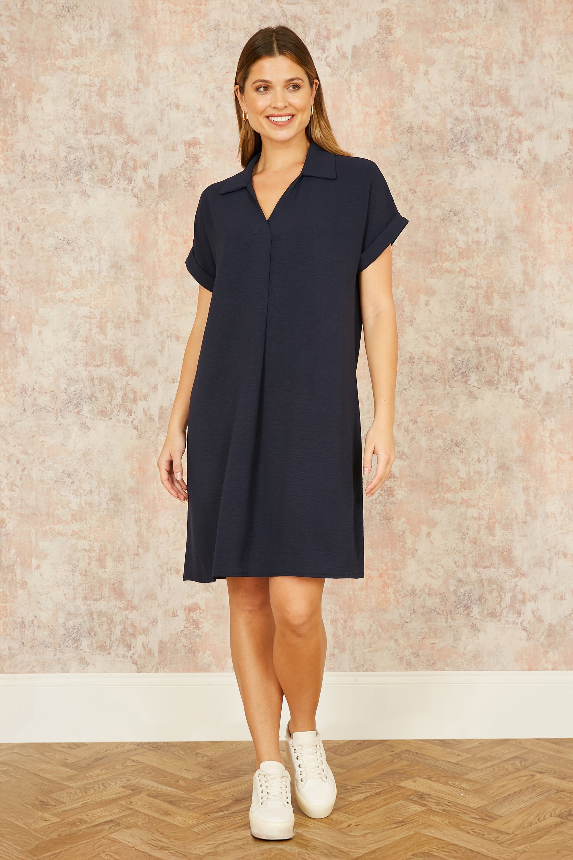 Yumi Navy Relaxed Fit Collared Tunic Dress