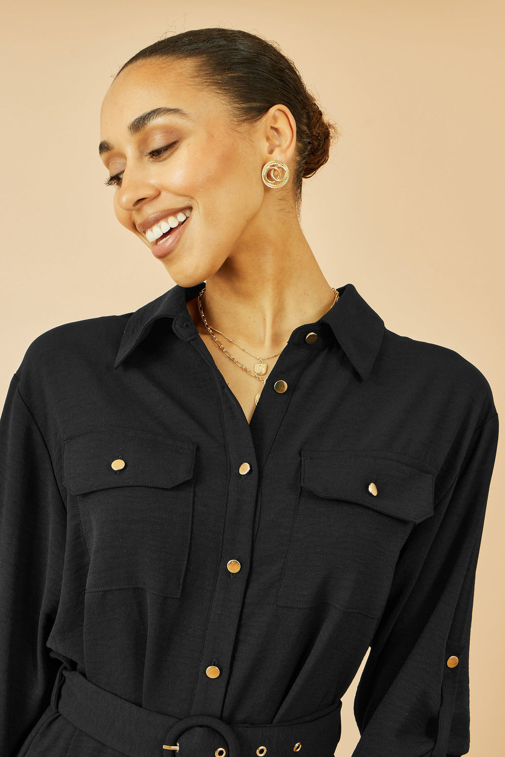 Yumi Black Stretch Midi Shirt Dress