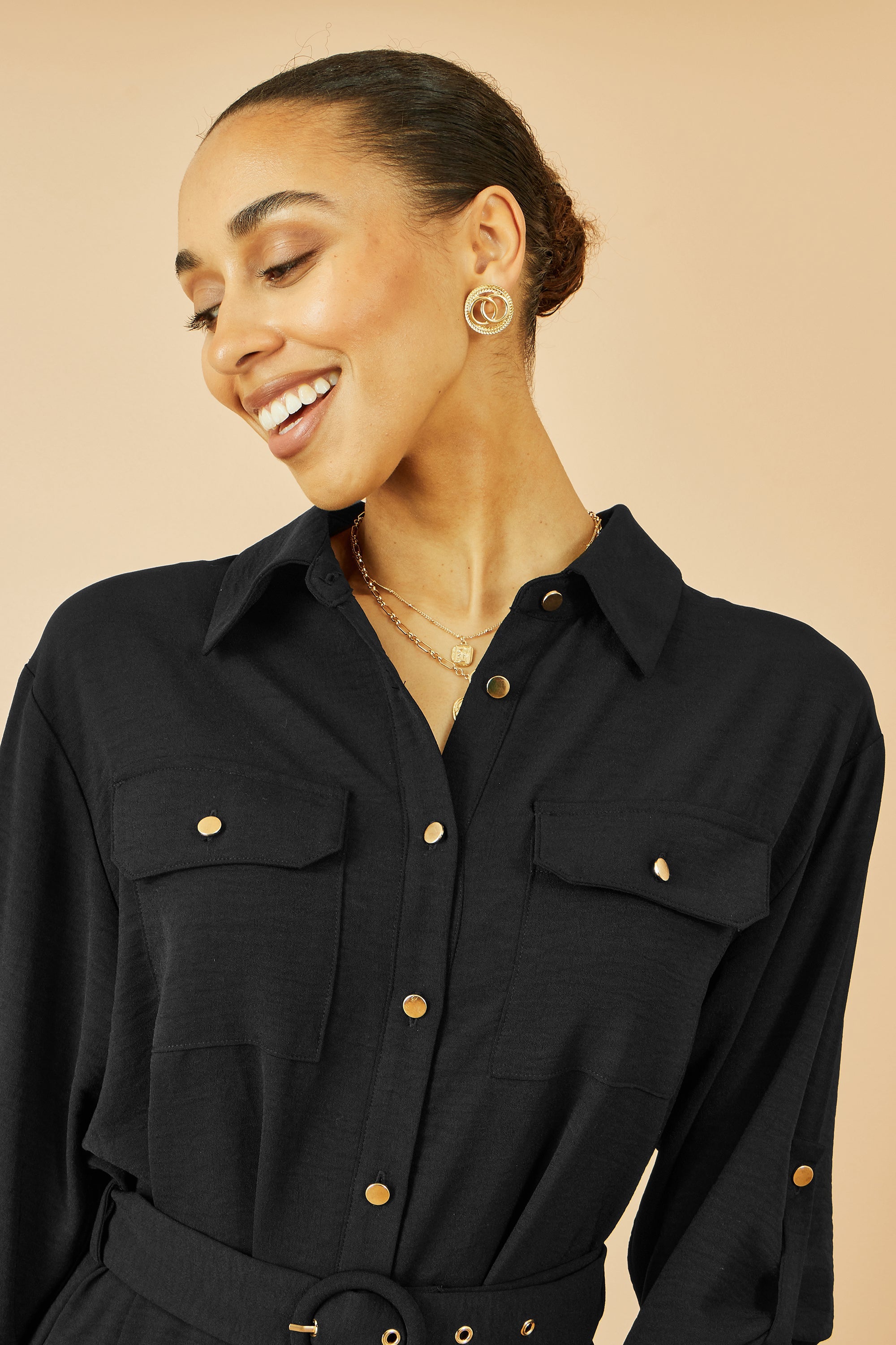 Yumi Black Stretch Midi Shirt Dress
