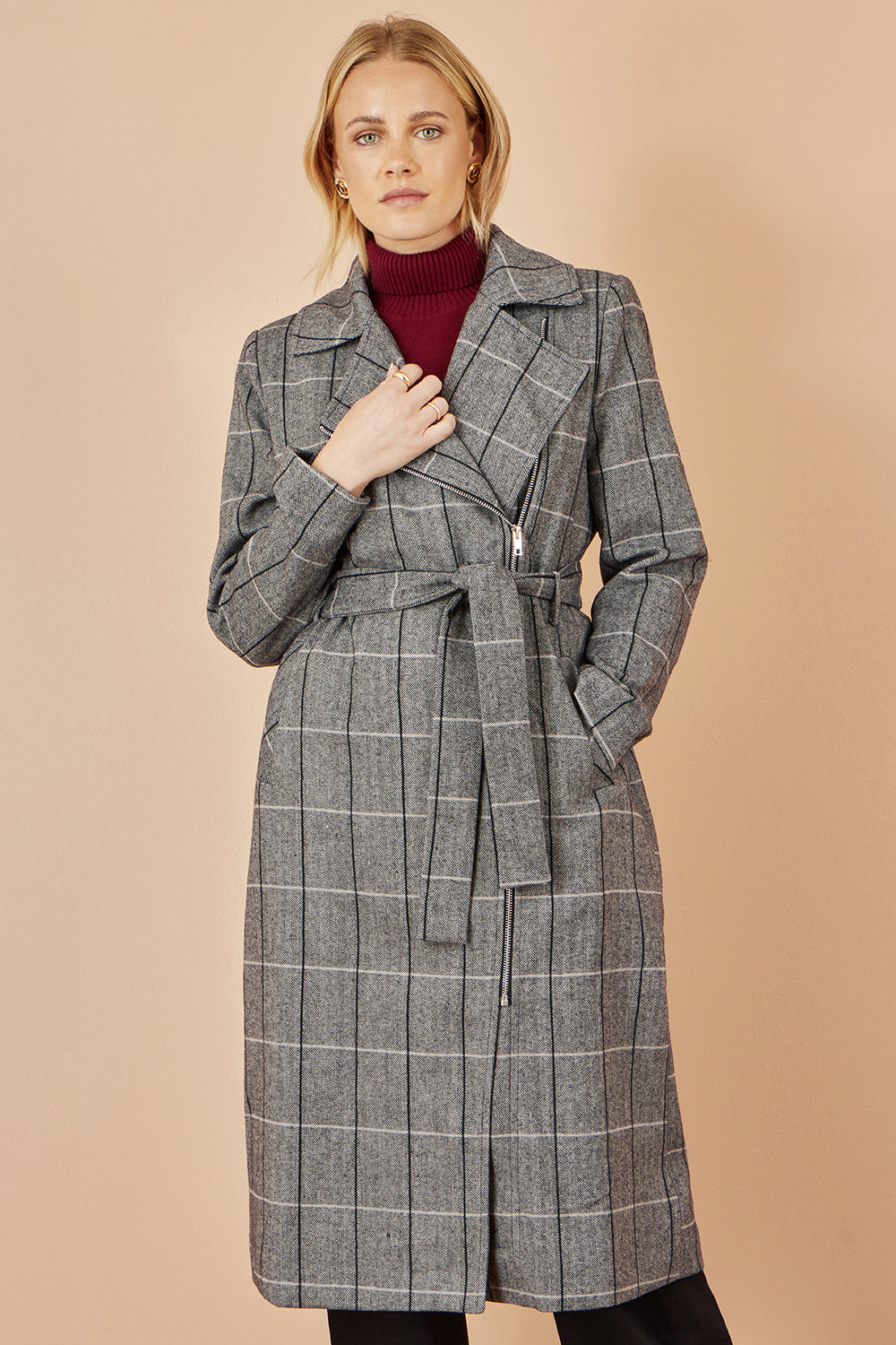 Yumi Grey Check Oversize Long Biker Coat