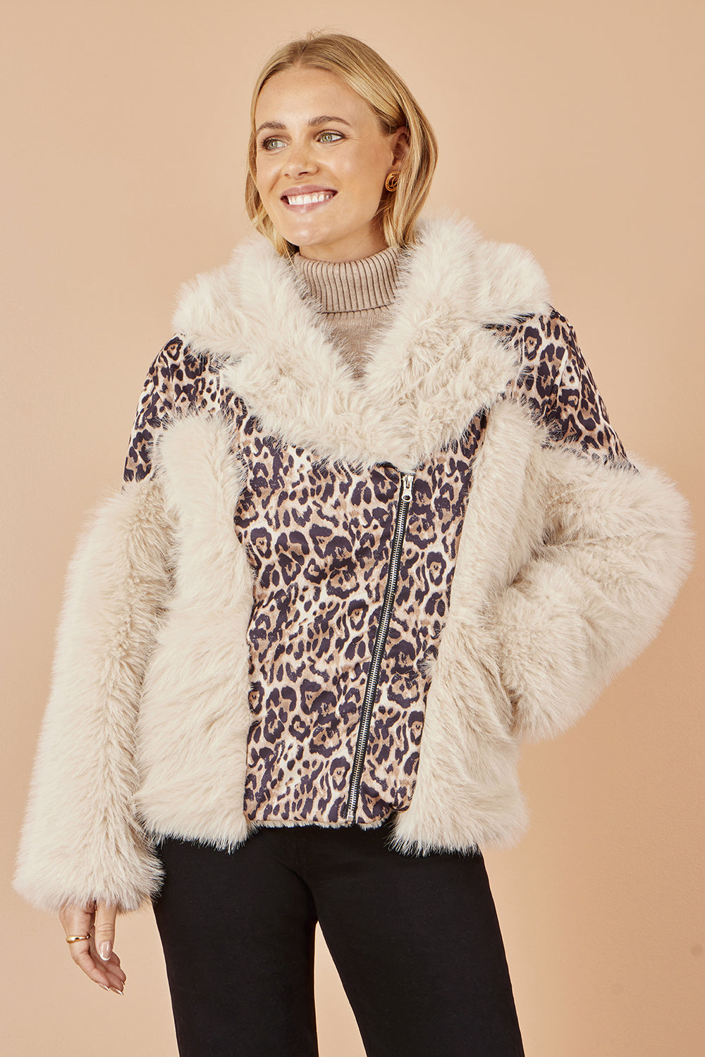 Yumi Cream Fur Biker Jacket With Leopard Print