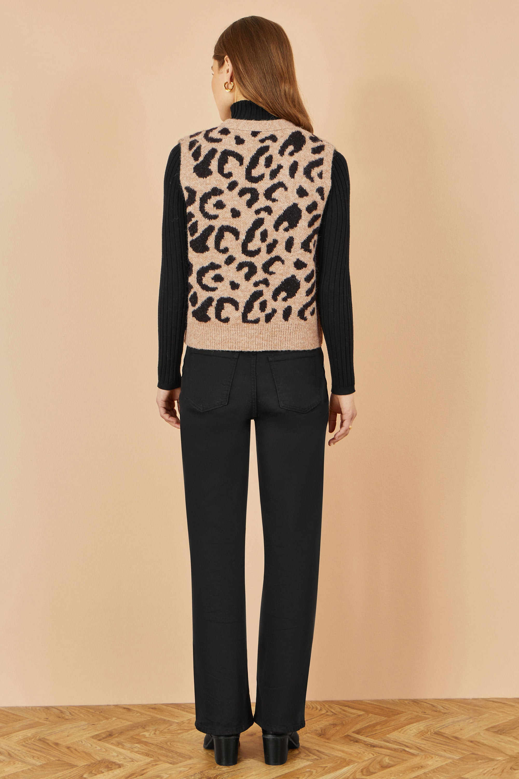 Yumi Beige Animal Print Intarsia Tie Front Waistcoat