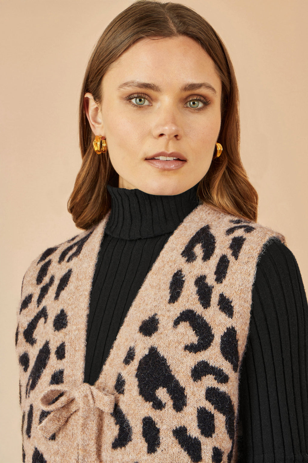 Yumi Beige Animal Print Intarsia Tie Front Waistcoat