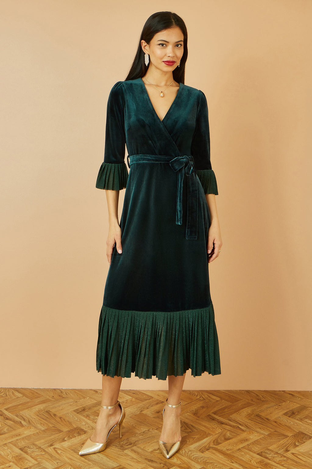 Yumi Green Velvet Wrap Midi Dress With Contrast Hemline