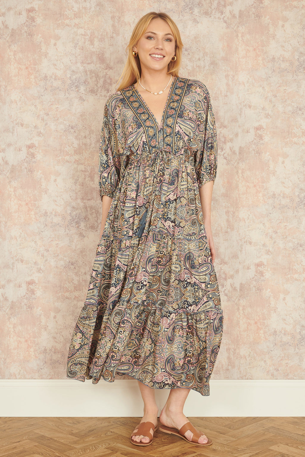 Yumi Multicolour Paisley Print Midi Kimono Dress With Tie Back