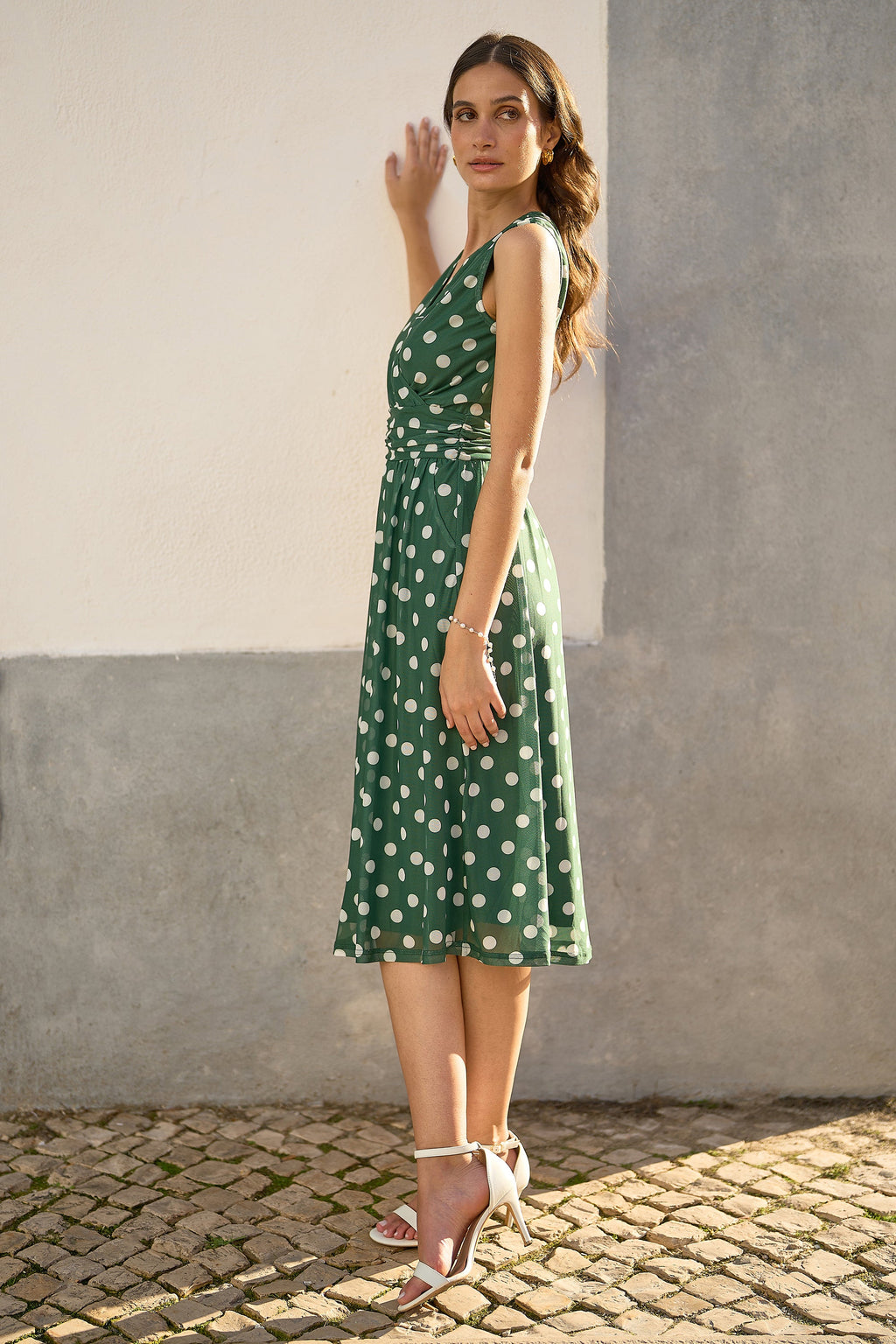 Yumi Green Polka Dot Mesh Wrap Skater Dress With Pockets