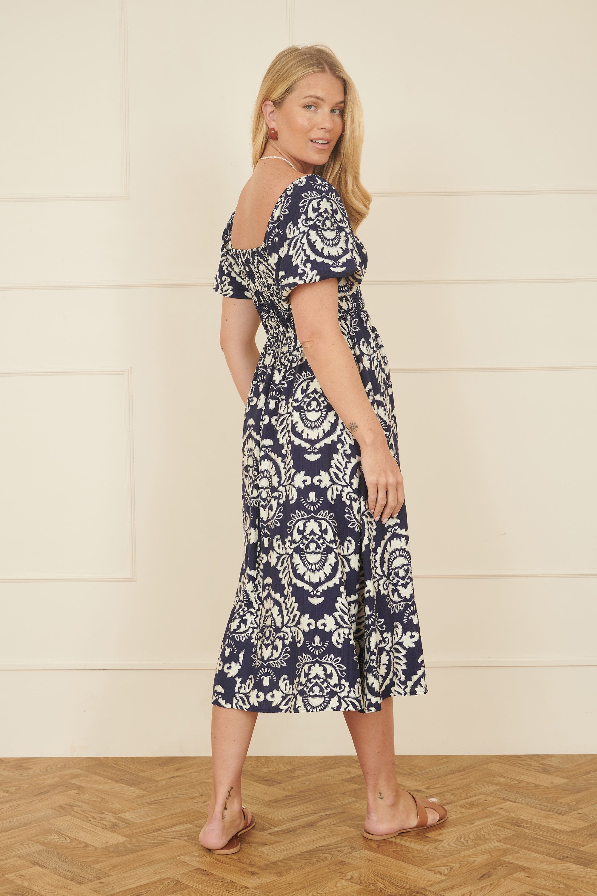 Yumi Navy Aztec Print Ruched Midi Dress