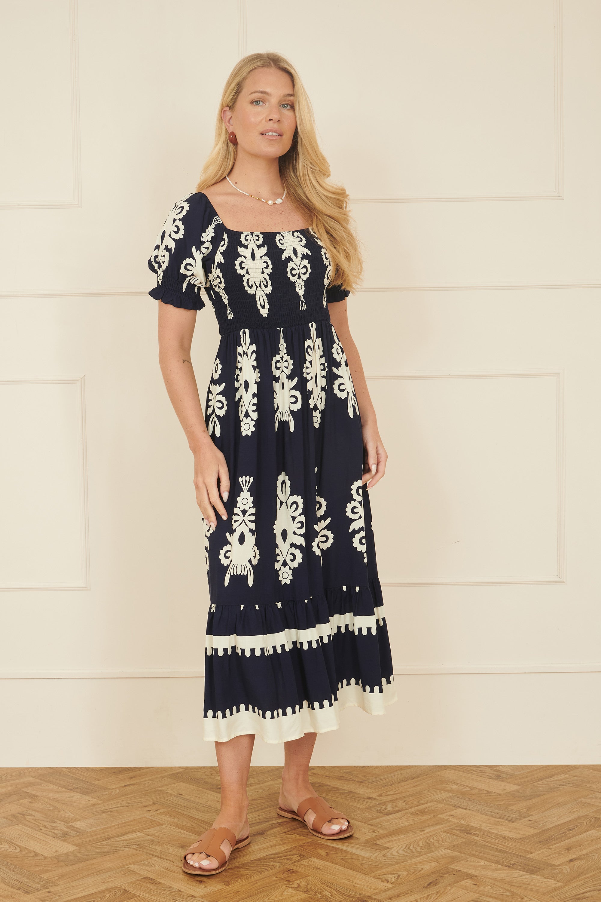 Yumi Navy Block Print Viscose Ruched Midi Dress