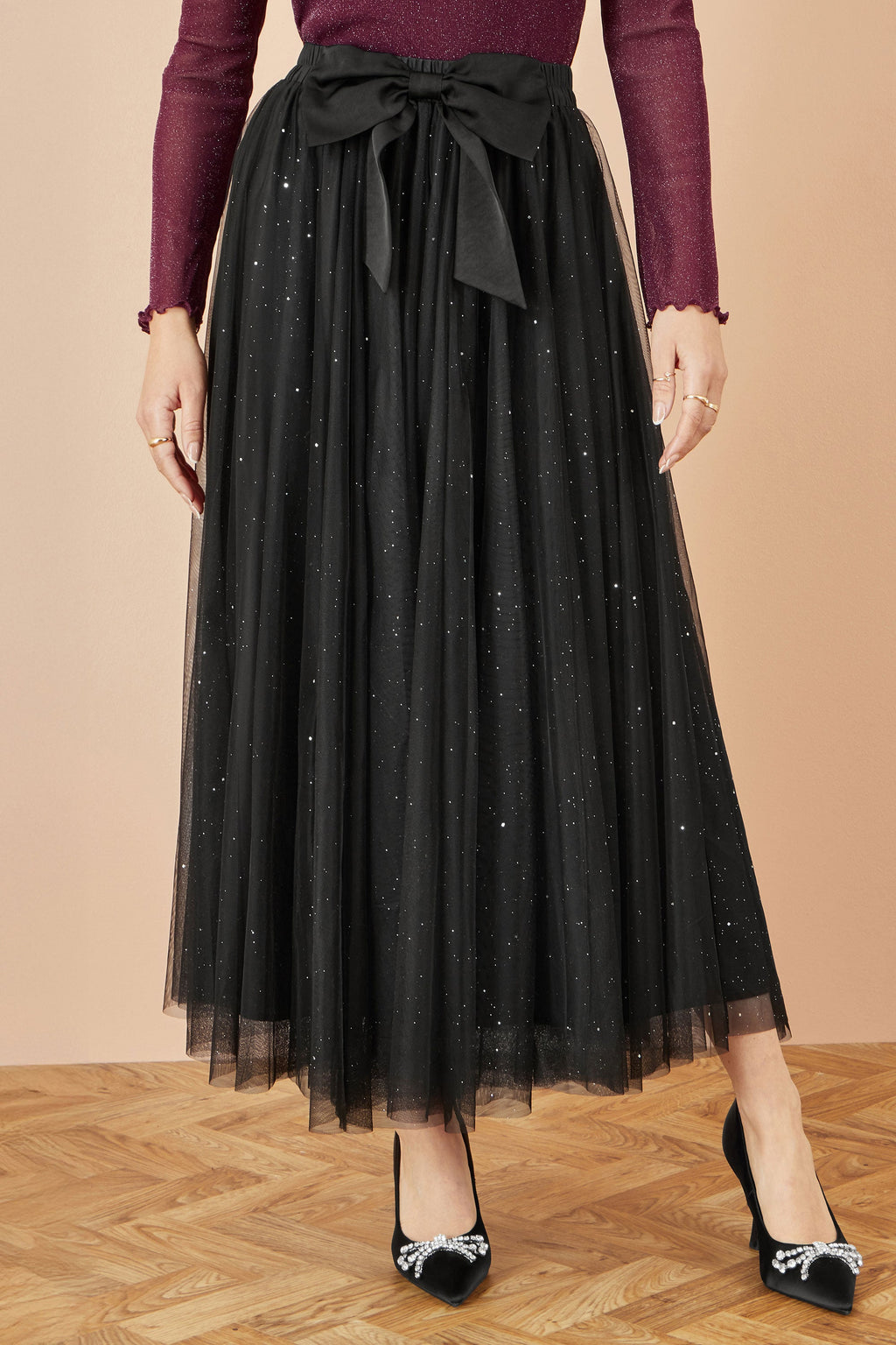 Yumi Black Sparkle Mesh Tulle Skirt With Satin Bow