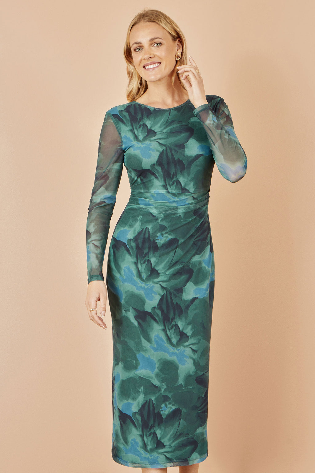 Yumi Green Floral Mesh Bodycon Dress With Tie Back