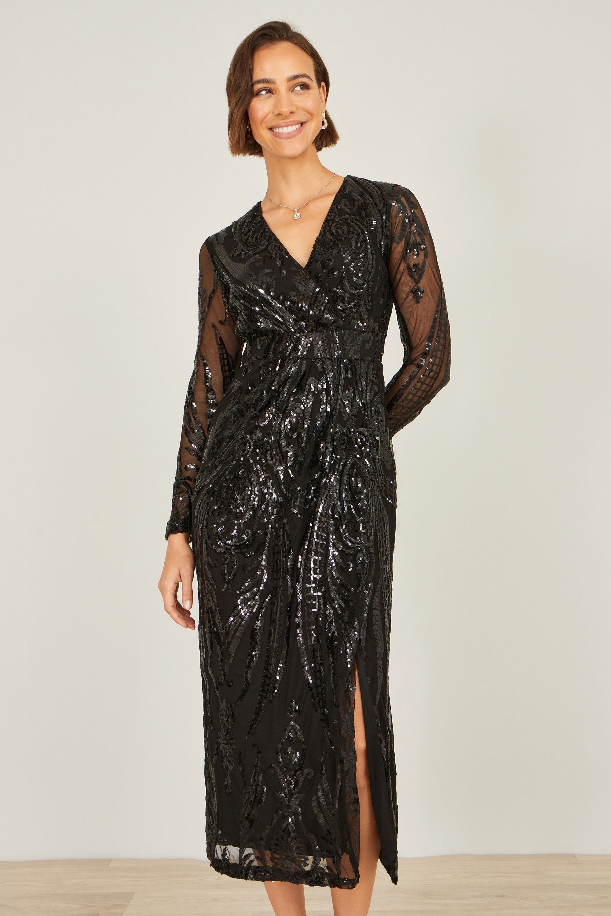 Yumi Black Sequin Midi Wrap Dress With Split Hemline And Long Sleeves