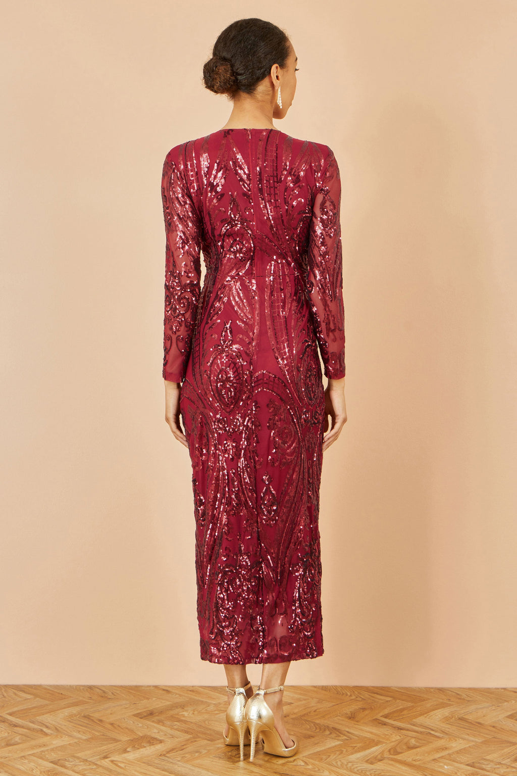 Yumi Red Sequin Midi Wrap Dress With Split Hemline And Long Sleeves