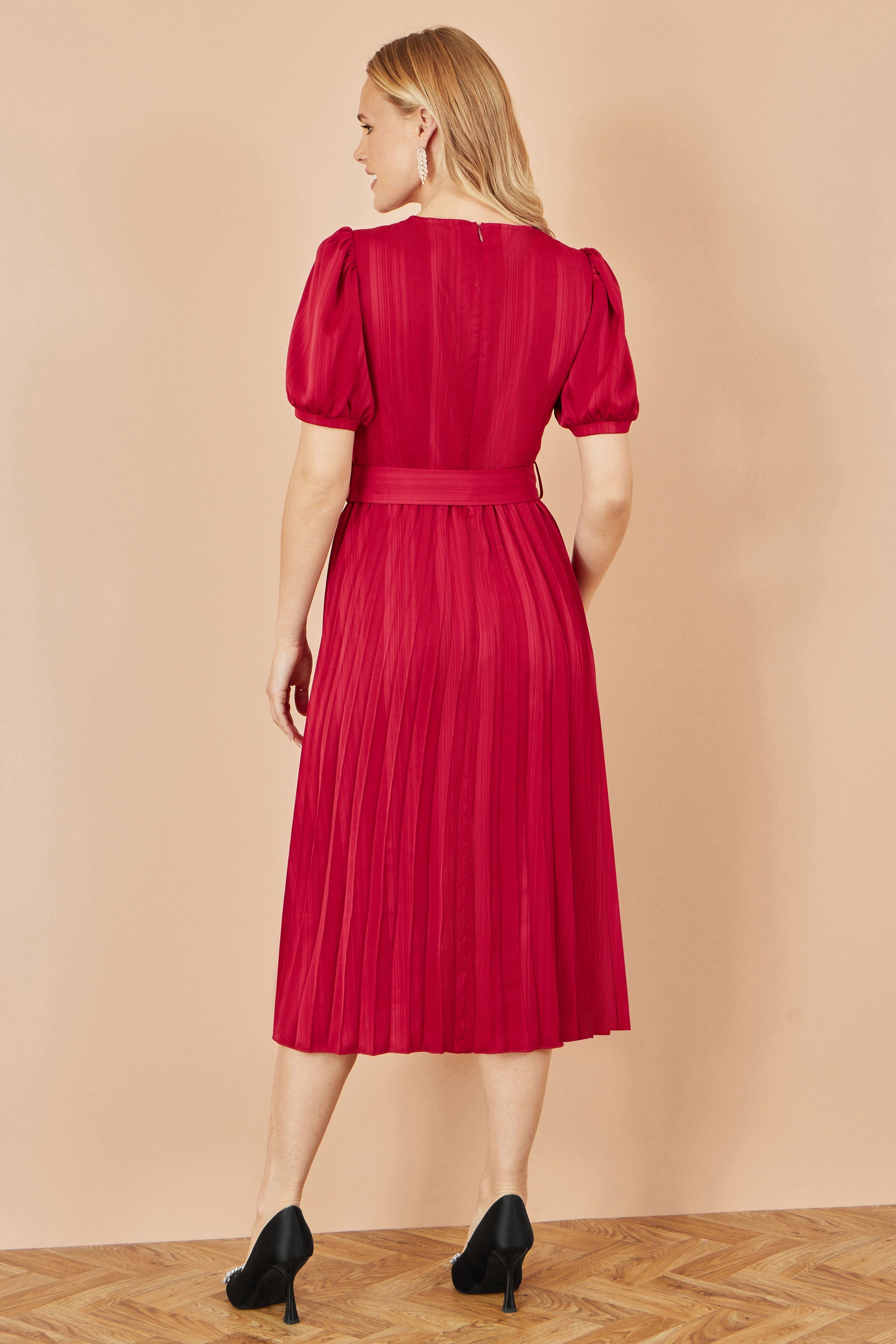 Yumi Red Satin Striped Midi Dress With Pleats and Matching Belt
