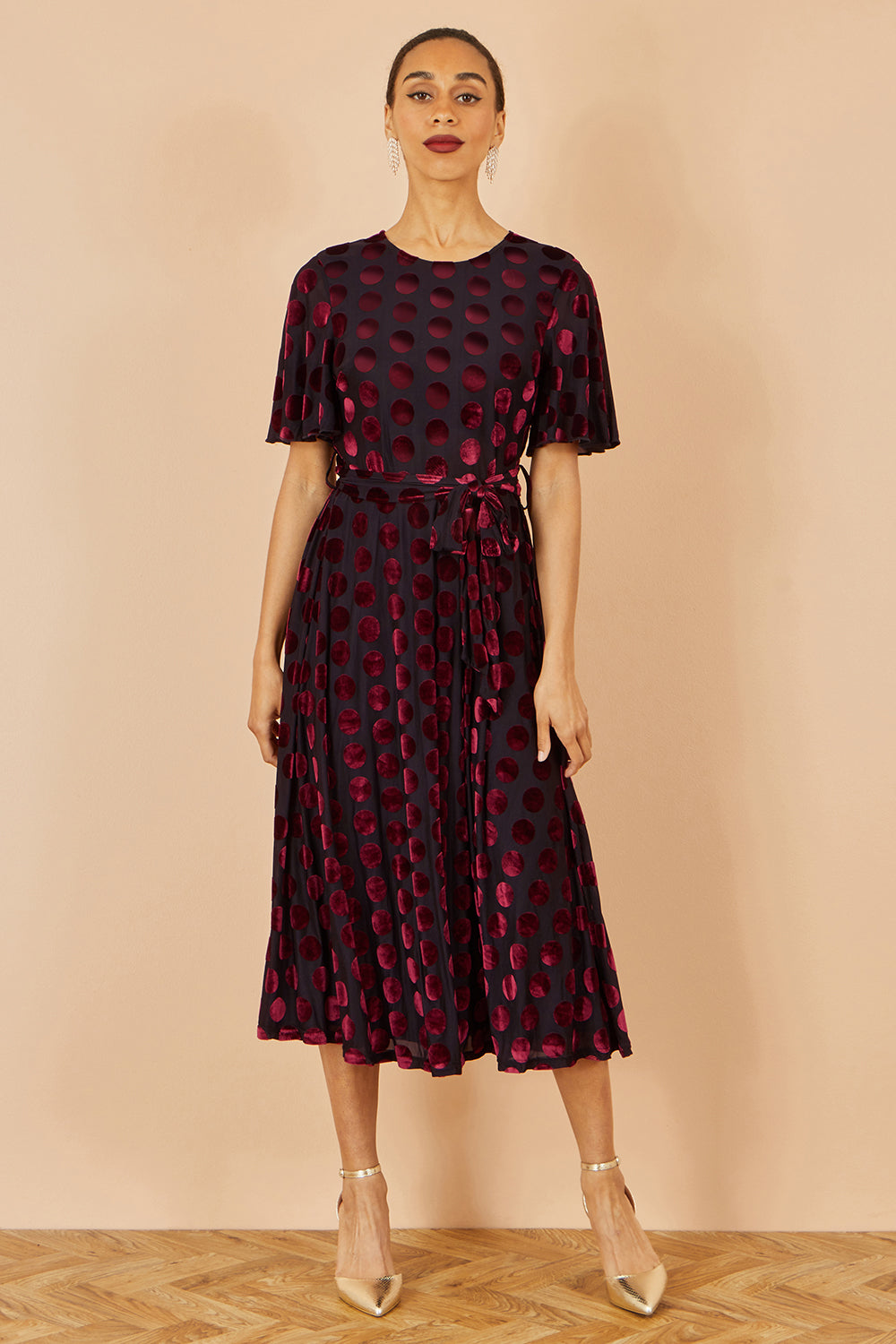 Yumi Burgundy Velour Spot Midi Skater Dress