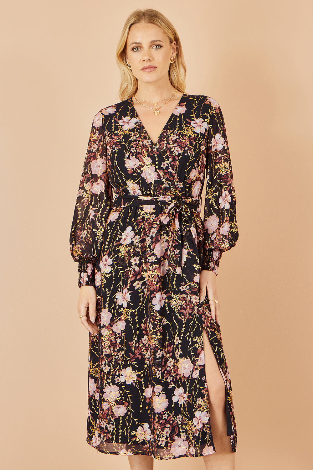 Yumi Black Foiled Floral Print Wrap Midi Dress