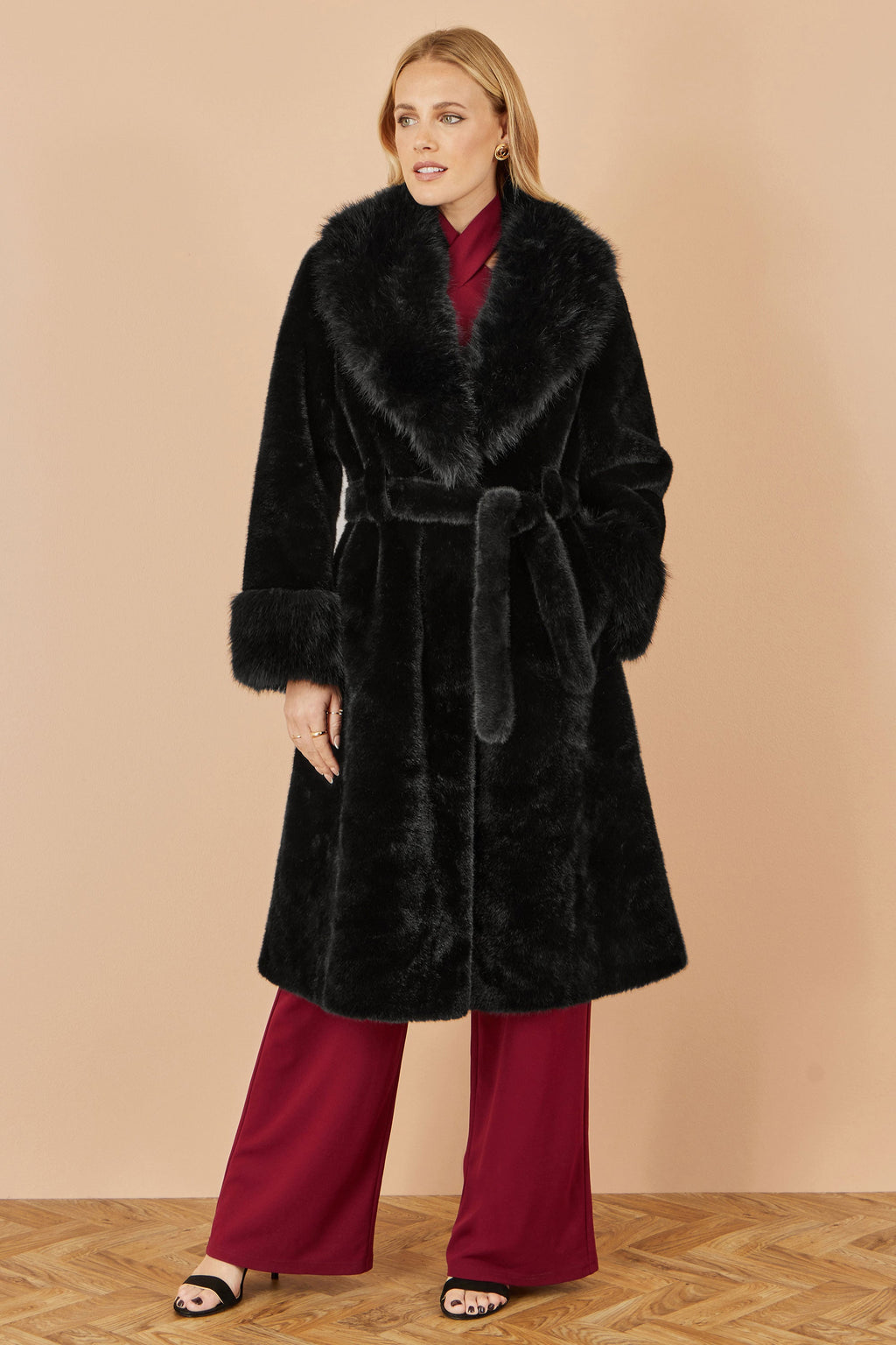 Yumi Black Wrap Faux Fur Coat With Oversize Collar