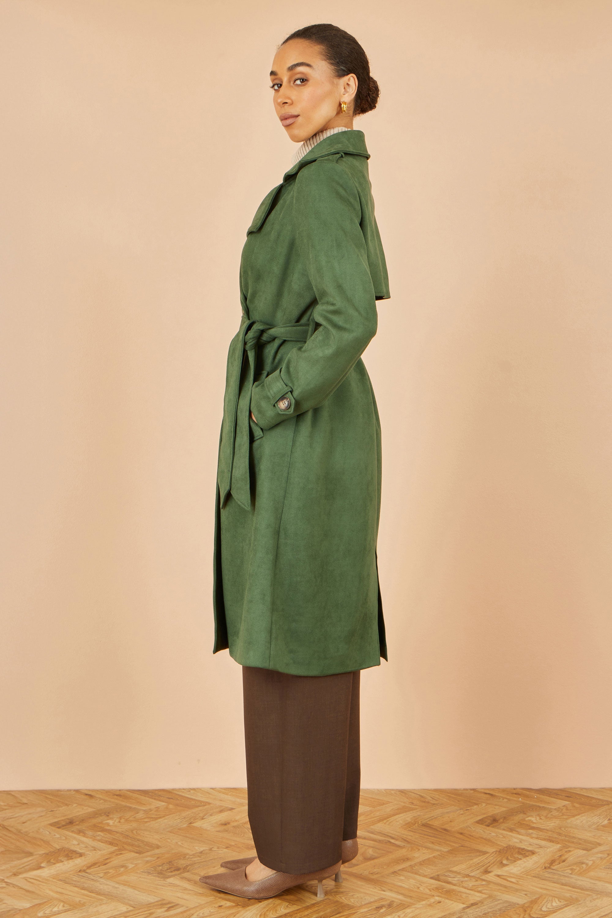 Yumi Green Faux Suede Trench Coat