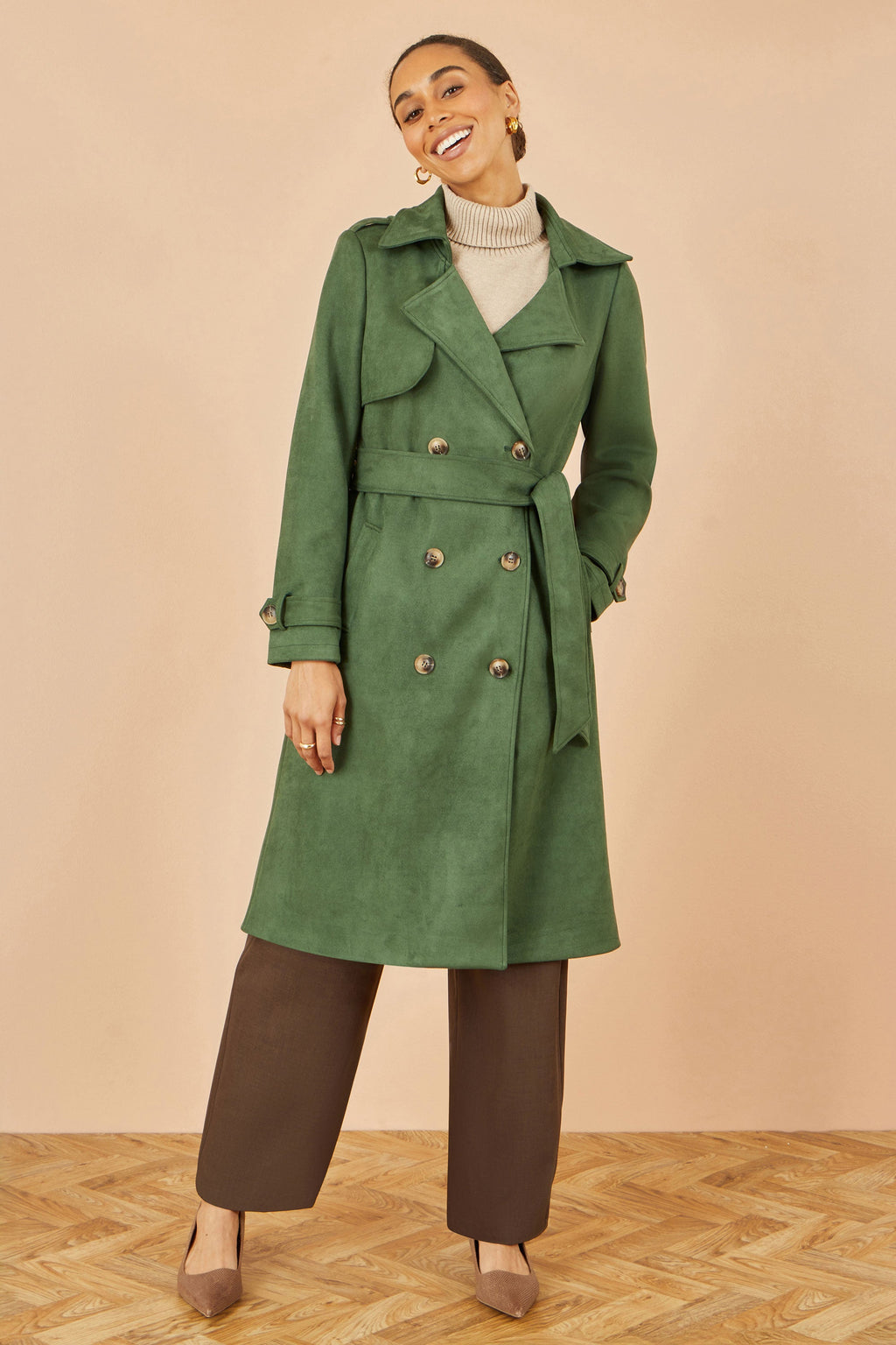 Yumi Green Faux Suede Trench Coat