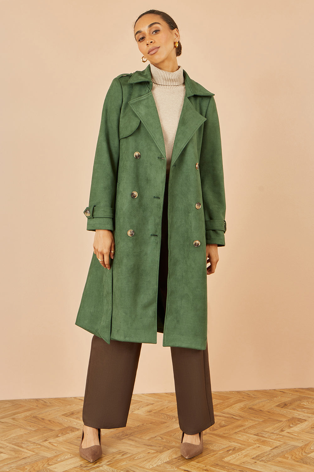 Yumi Green Faux Suede Trench Coat