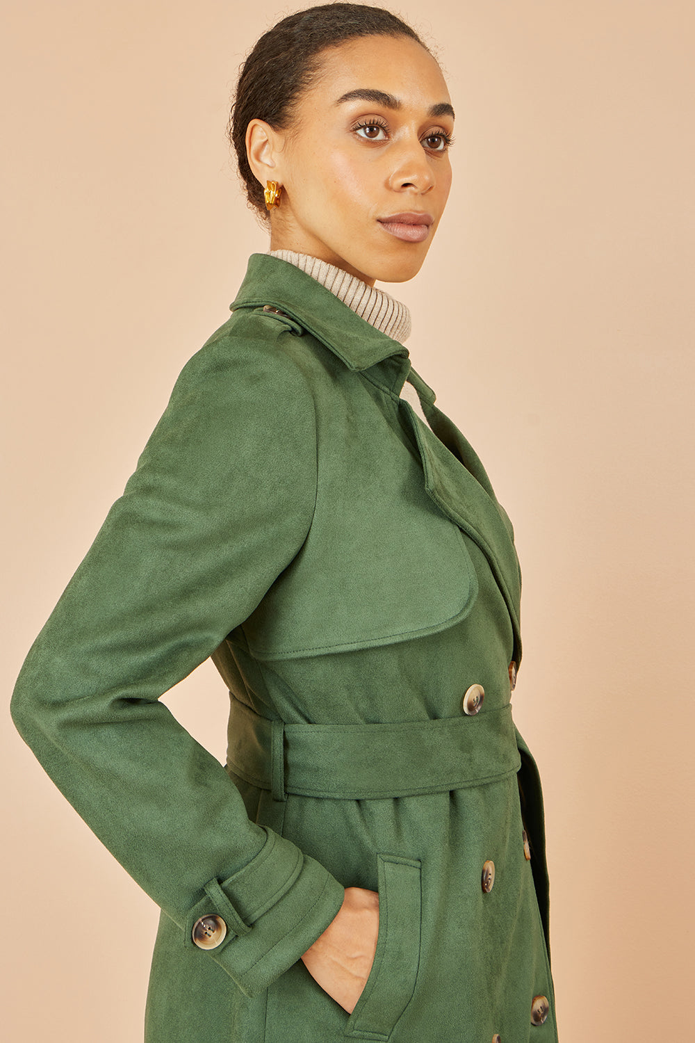 Yumi Green Faux Suede Trench Coat