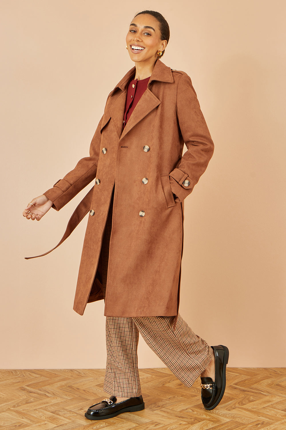 Yumi Brown Faux Suede Trench Coat