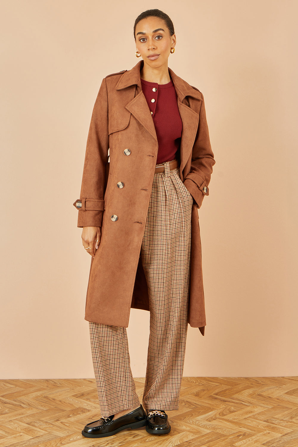 Yumi Brown Faux Suede Trench Coat