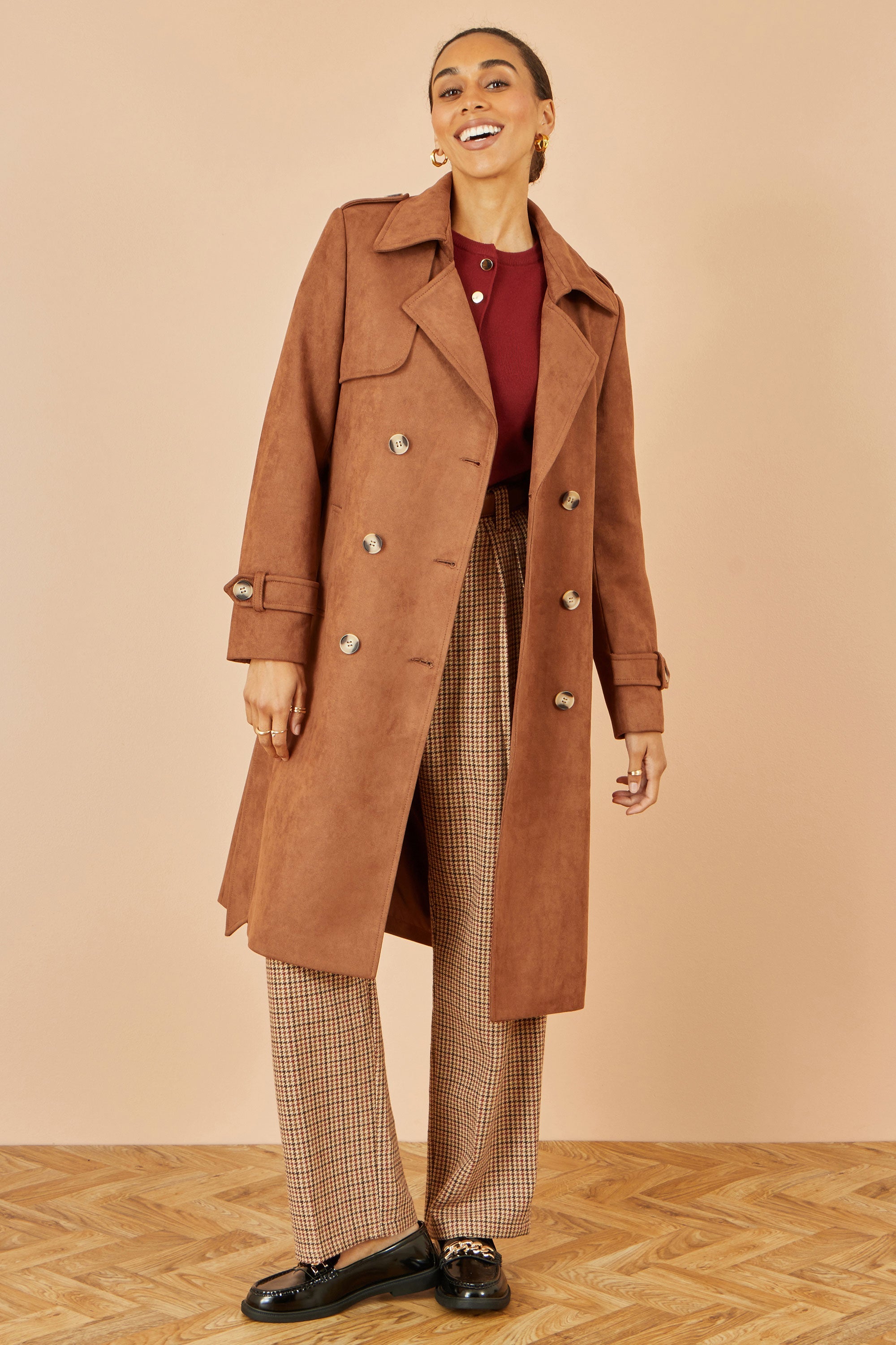 Yumi Brown Faux Suede Trench Coat