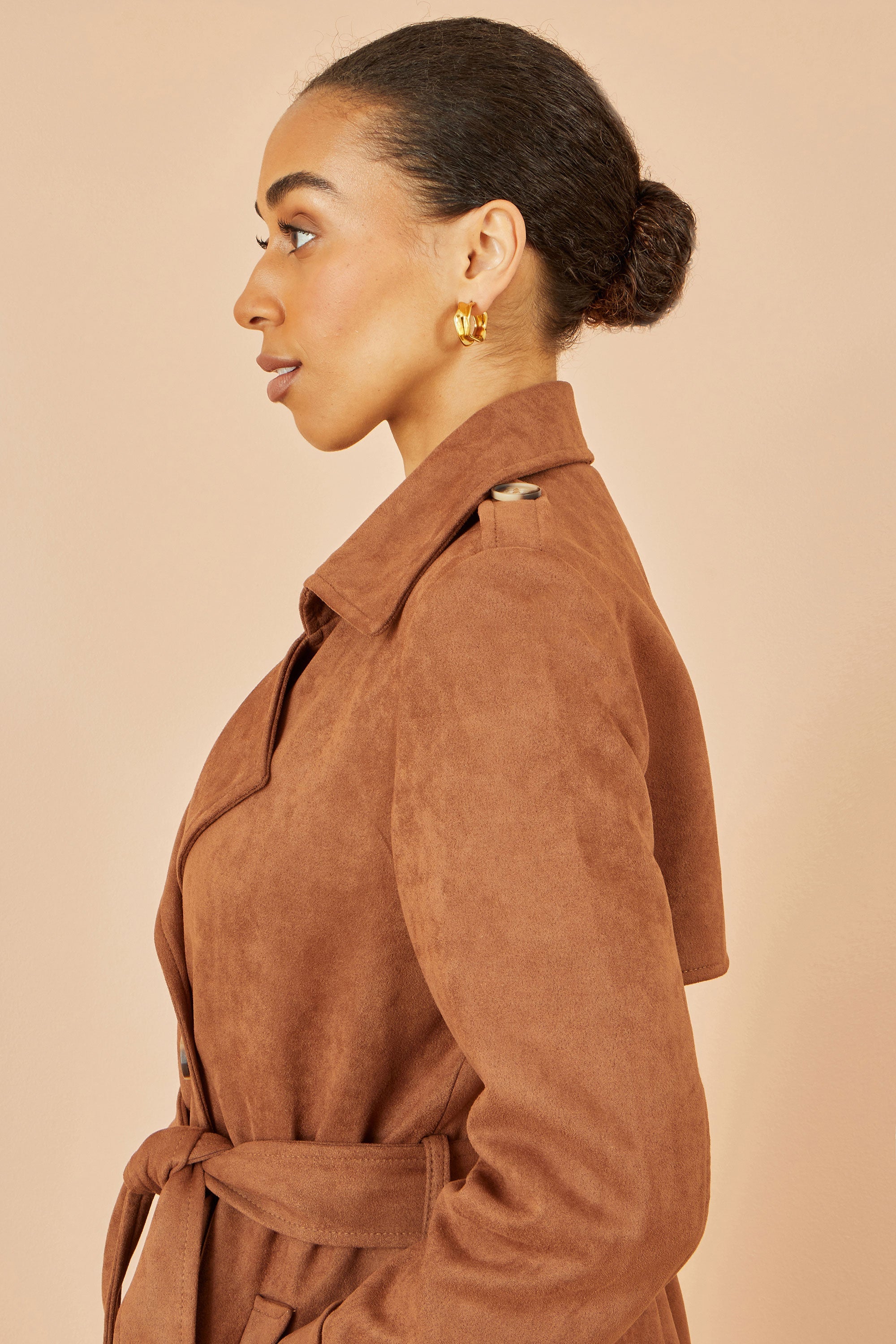 Yumi Brown Faux Suede Trench Coat