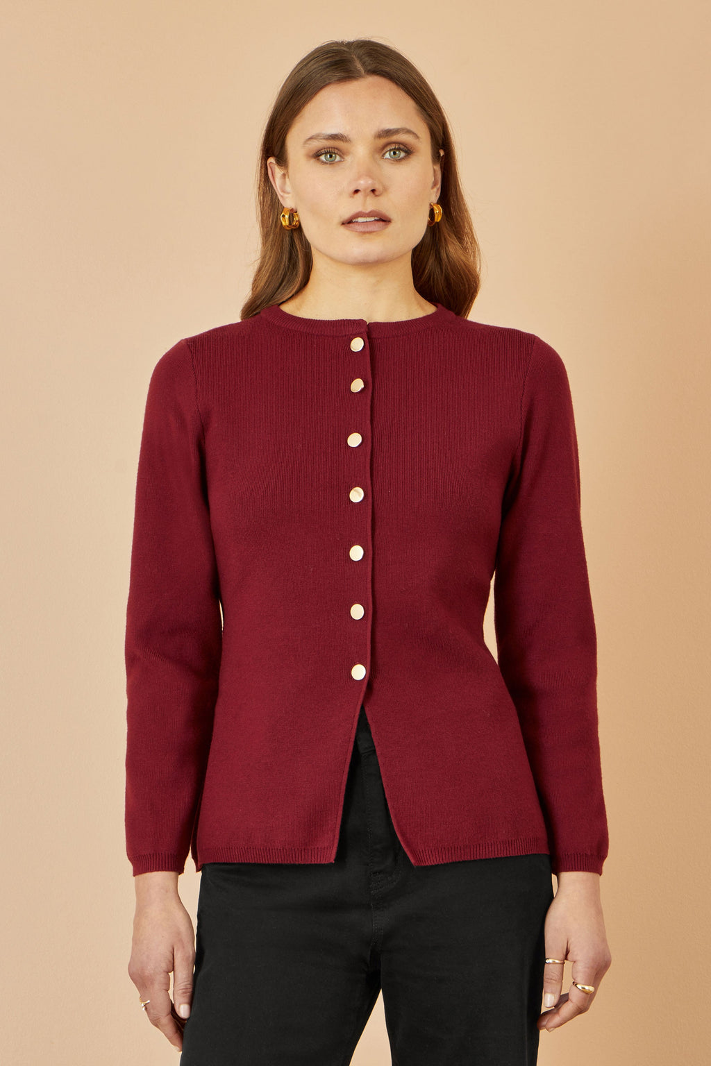 Yumi Burgundy Knitted Fitted Button Down Peplum Cardigan