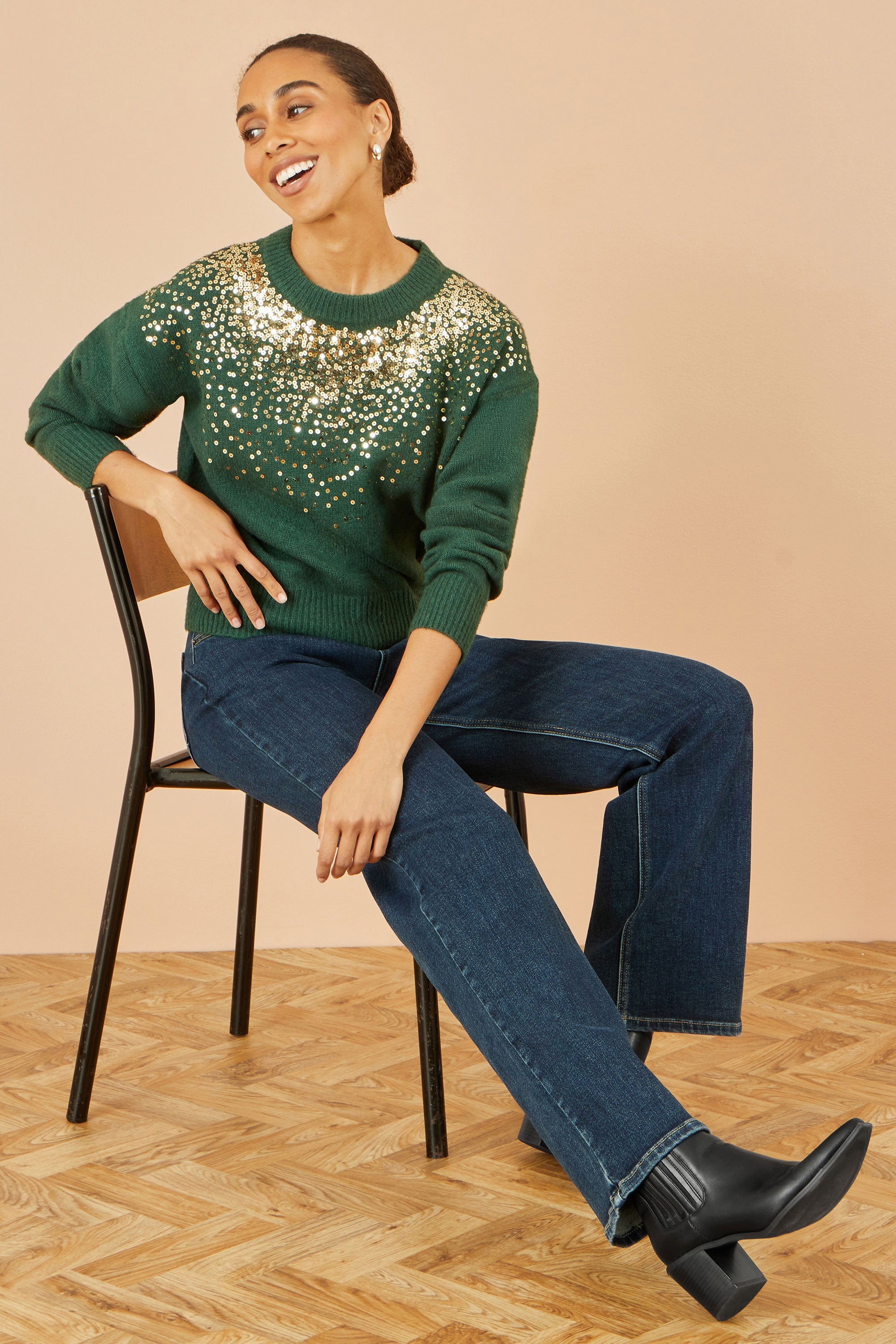 Yumi Green Relaxed Knitted Jumper With Scattered Sequin Neckline