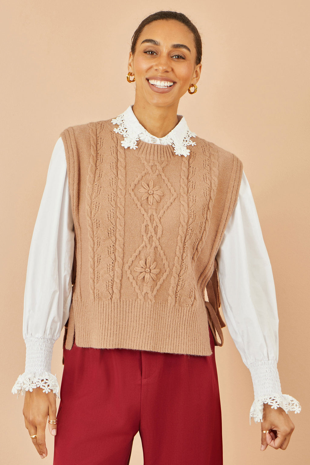 Yumi Camel Flower Cable Knit Tie Side Pullover