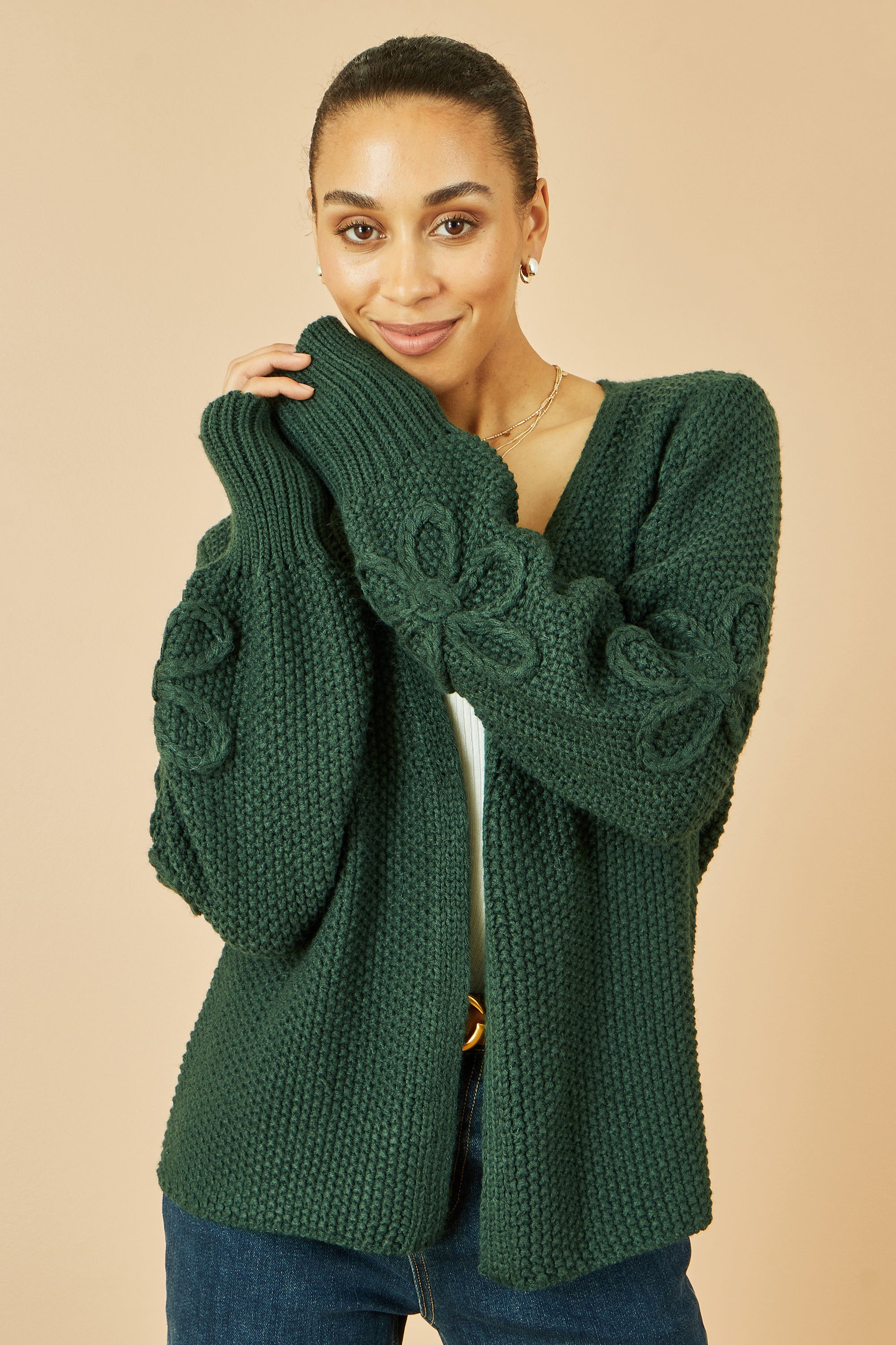 Yumi Green Edge to Edge Cardigan With Flower Detail Sleeves