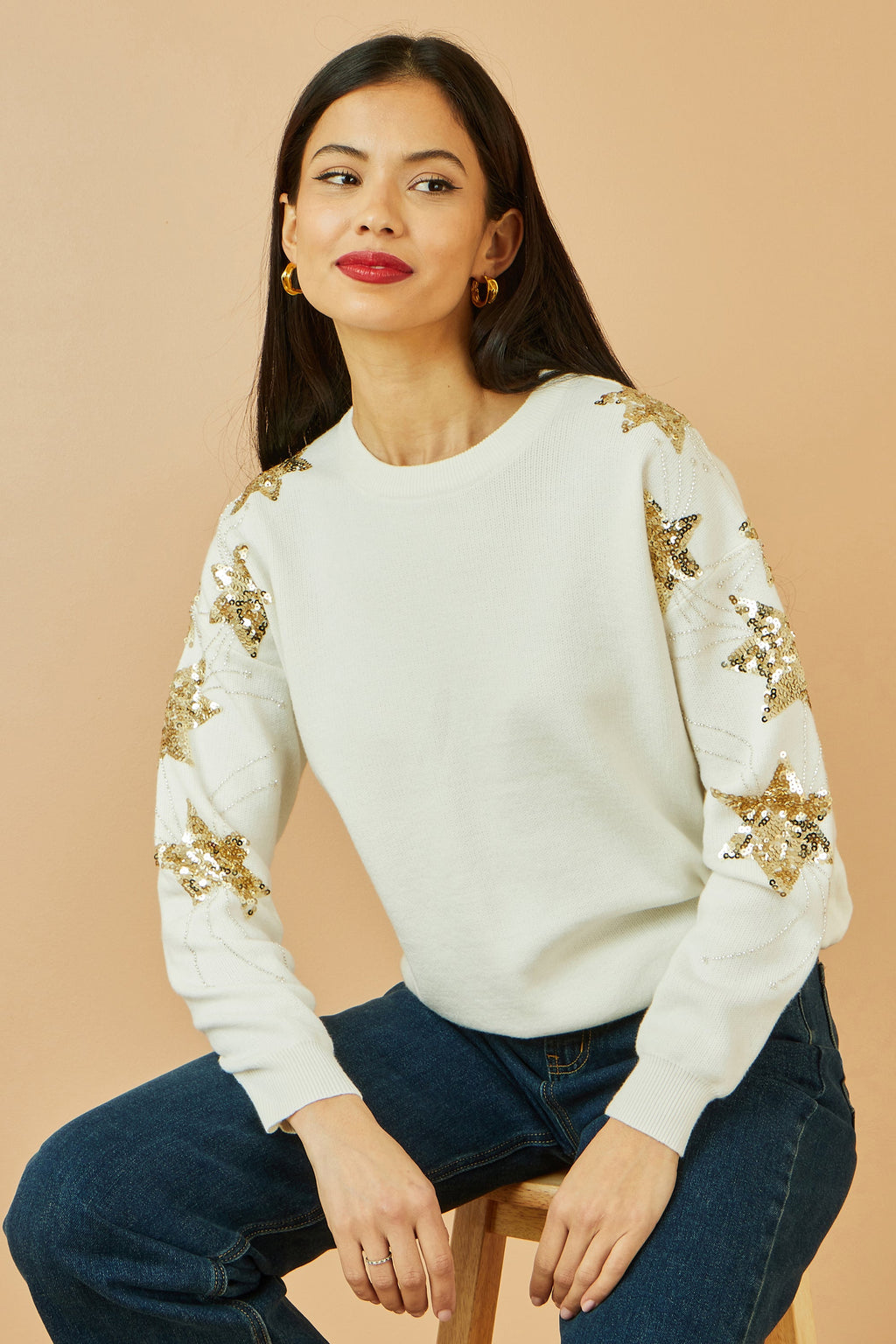 Yumi White Relaxed Fit Jumper With Sequin Star Sleeves