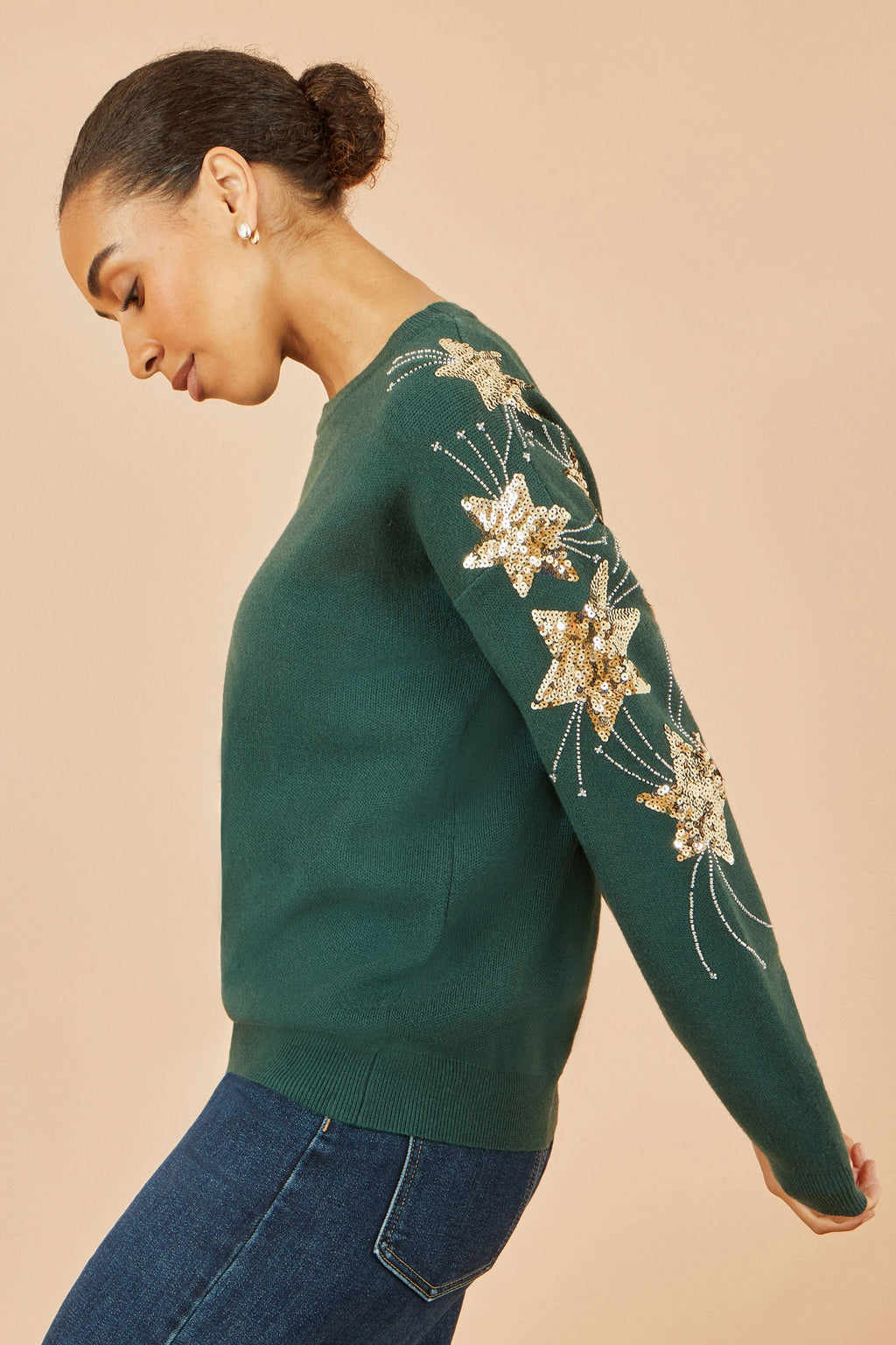 Yumi Green Relaxed Fit Jumper With Sequin Star Sleeves