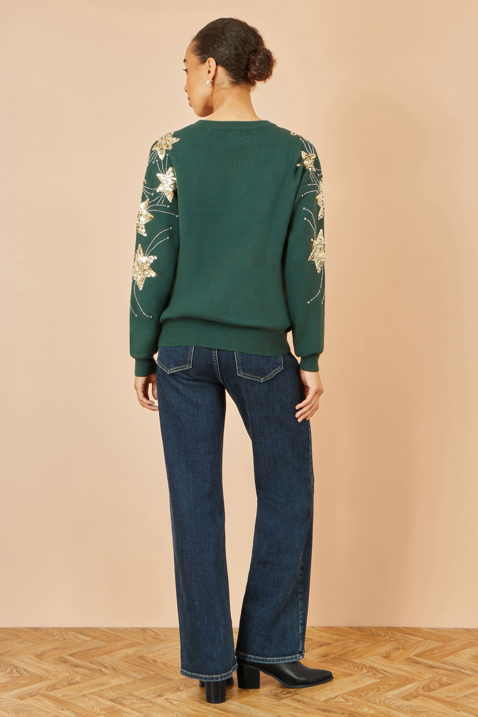 Yumi Green Relaxed Fit Jumper With Sequin Star Sleeves