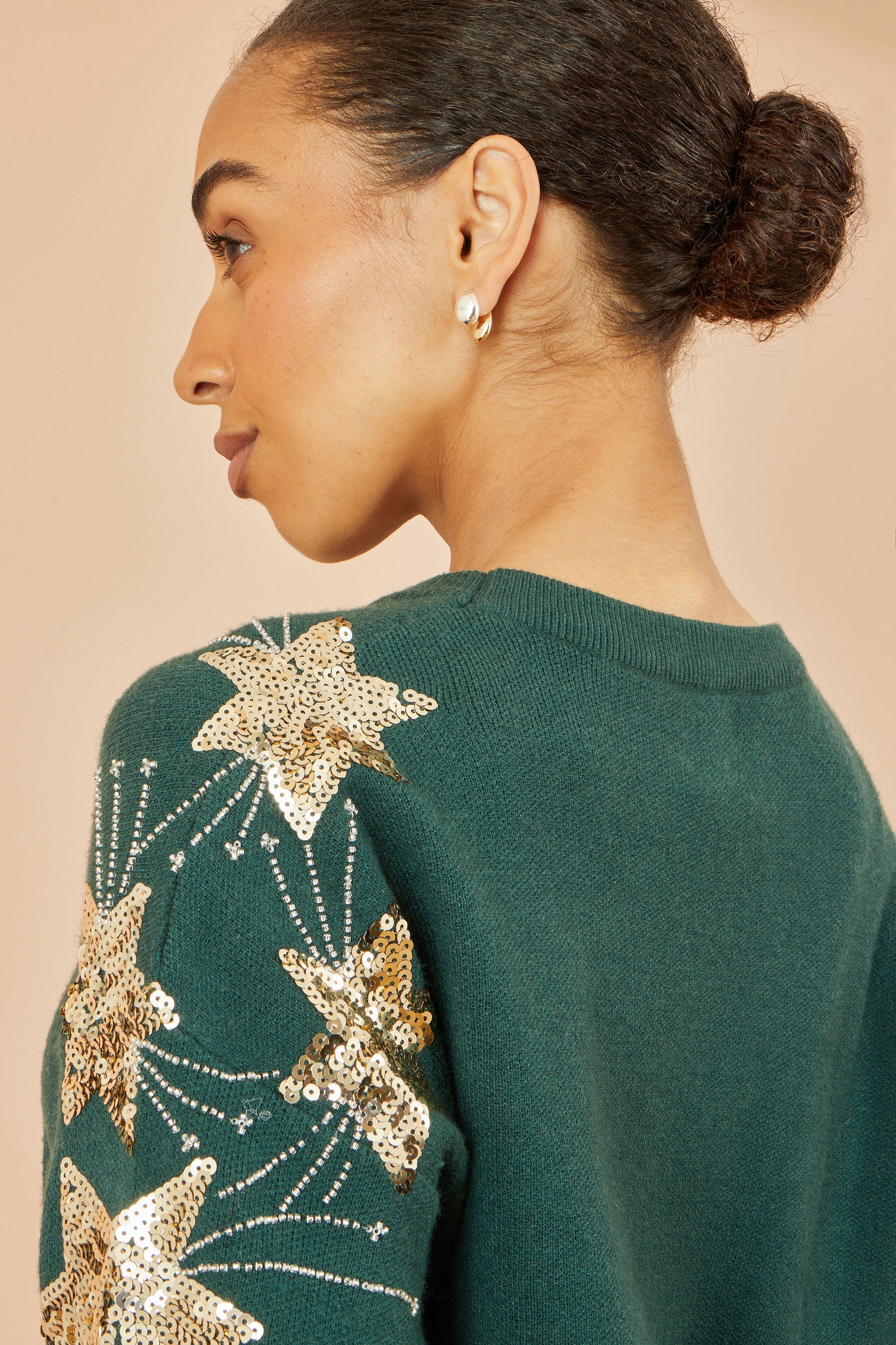 Yumi Green Relaxed Fit Jumper With Sequin Star Sleeves