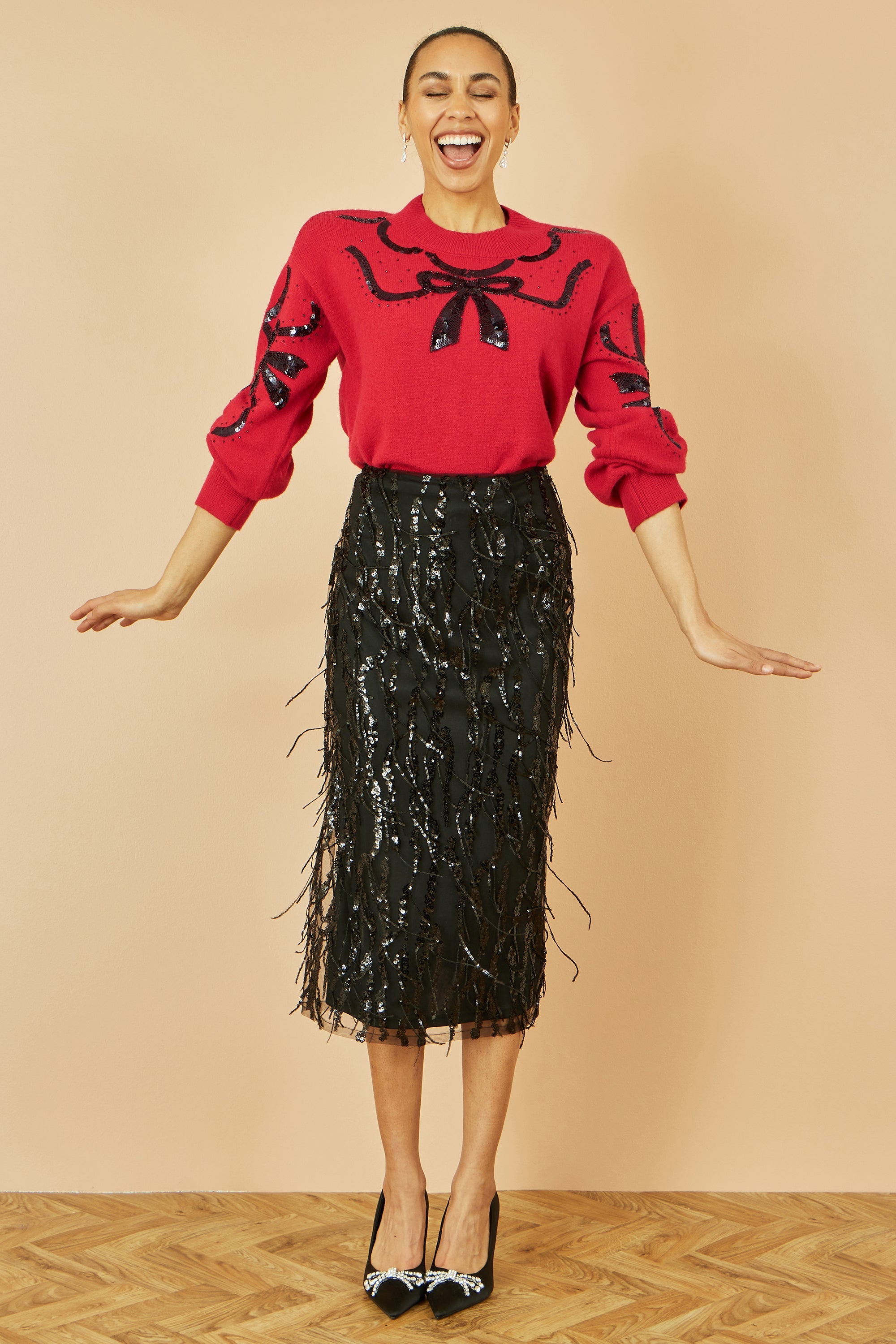 Yumi Red Sequinned Bow Neckline Jumper