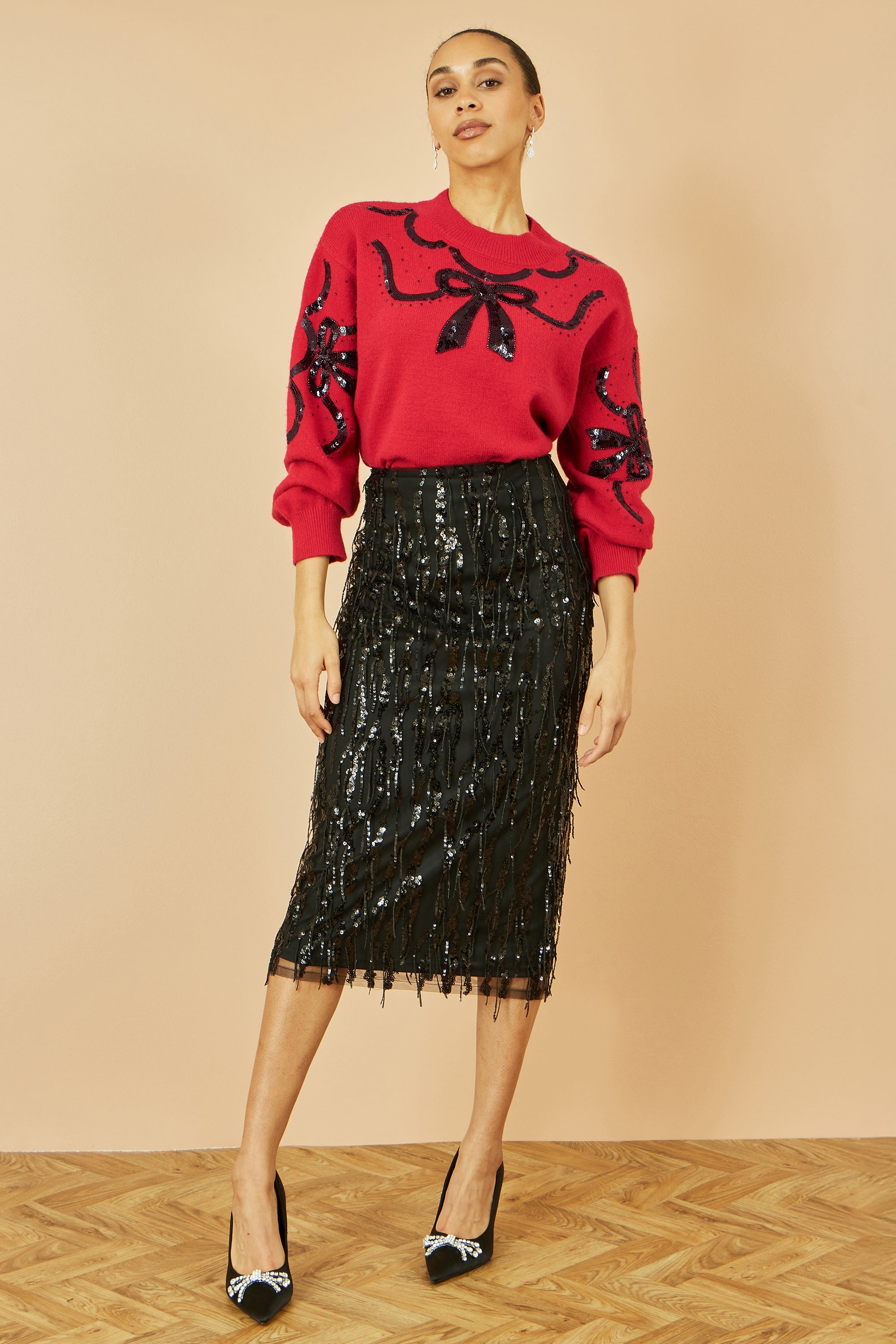 Yumi Red Sequinned Bow Neckline Jumper