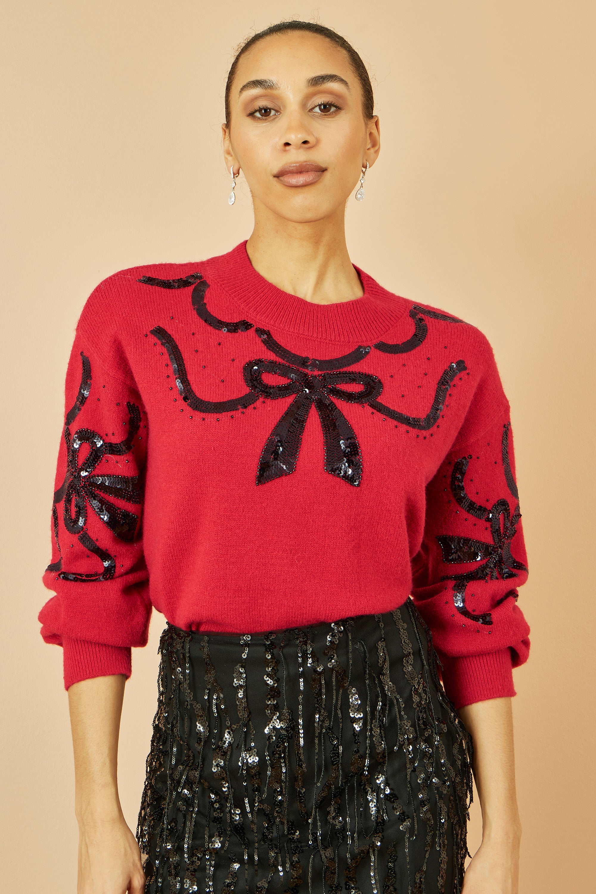 Yumi Red Sequinned Bow Neckline Jumper