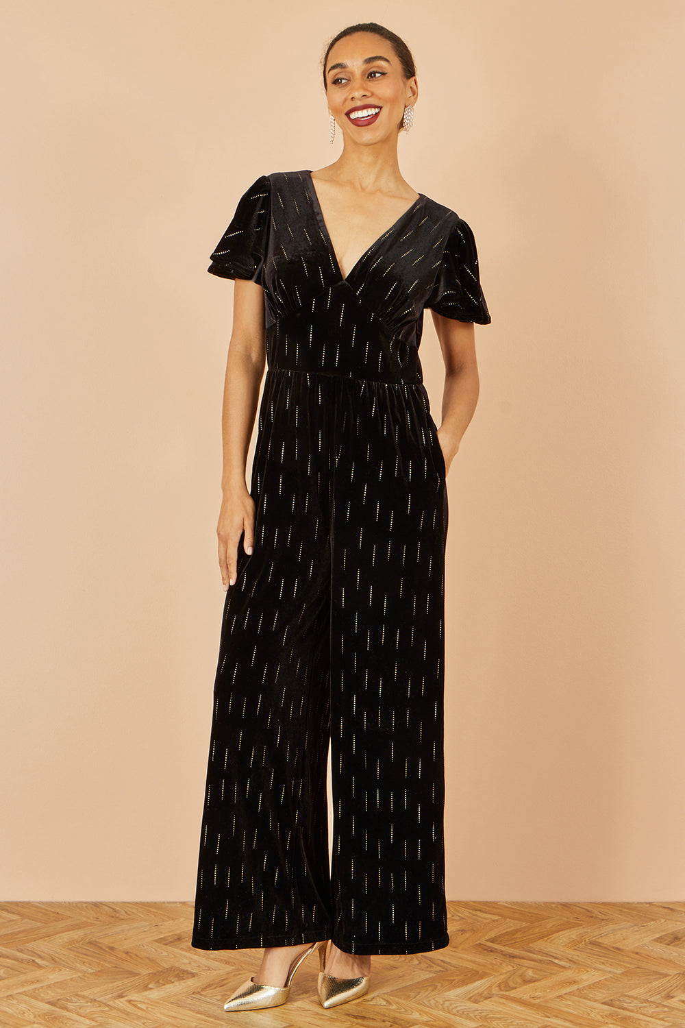 Yumi Black Foil Print Velvet Jumpsuit