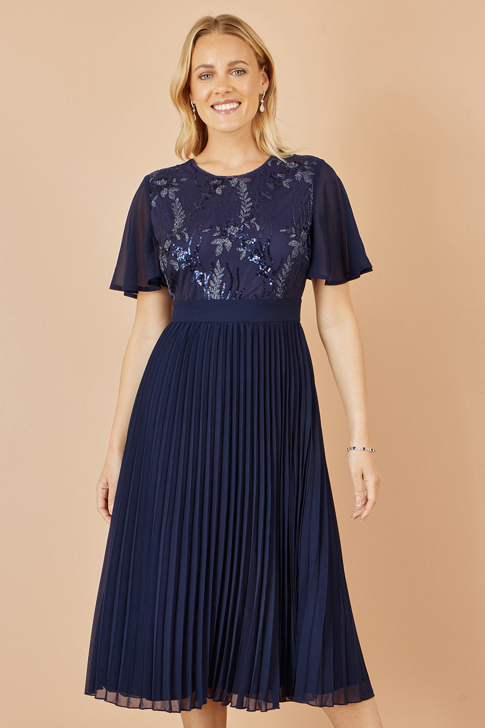 Yumi Navy Sequin Embellished Panel Pleated Midi Dress