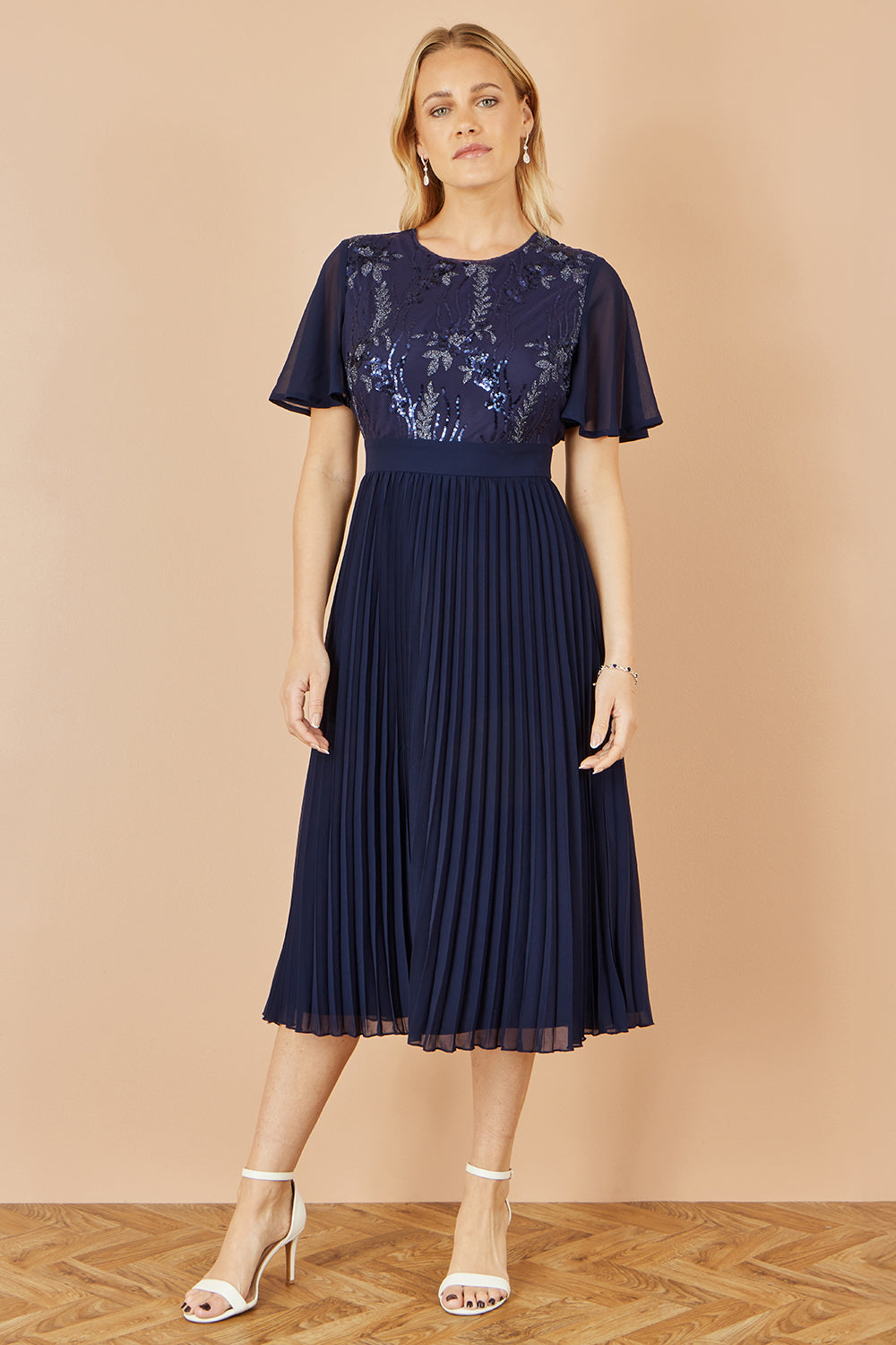 Yumi Navy Sequin Embellished Panel Pleated Midi Dress